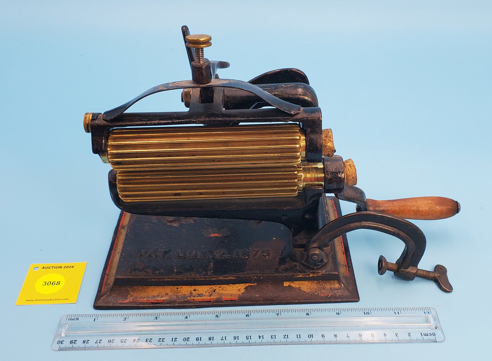 Machine, Crown, Pat Nov 2, 1875, AM Mach Co, Phila PA, yellow/red pinstriping on black, Roll 6", ... (1 of 4)