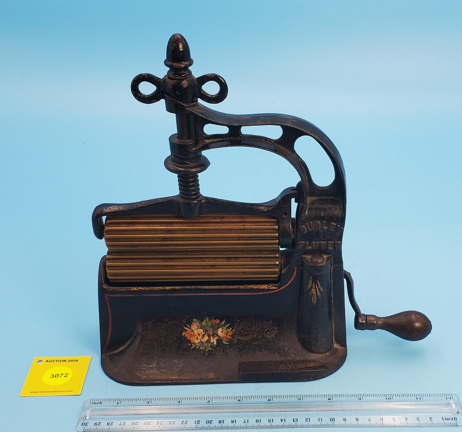 Machine, Dudley Fluter, Patd Nov 14, 1876, red pinstriping on black w/flower decals, roll 5 3/4" no - 2