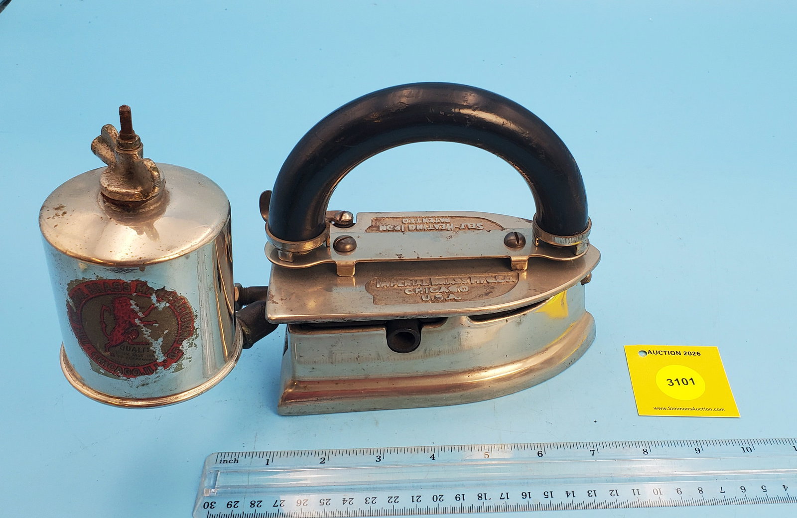 Gasoline, Imperial Brass Mfg Co, Chicago Ill, Model 15 Self heating iron, Patented, early 1900, L 6 (1 of 2)