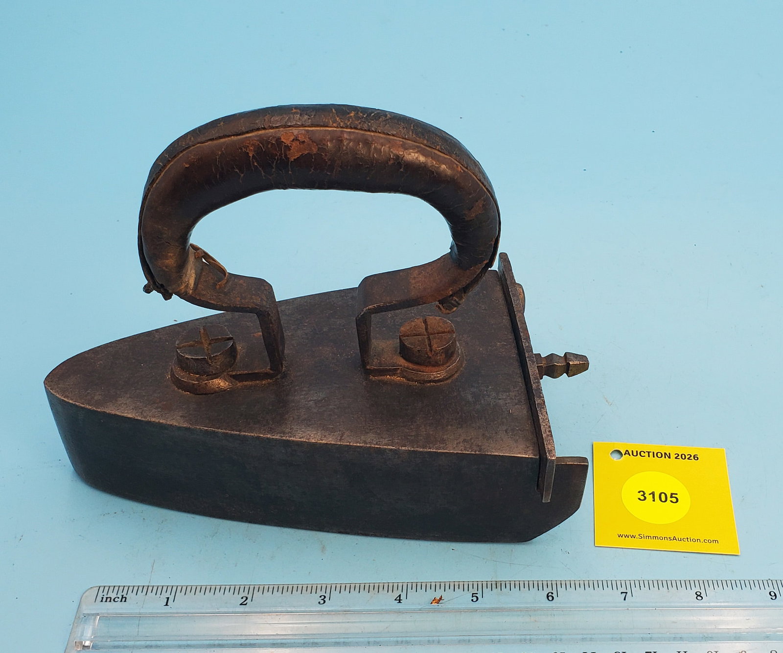 Slug iron, hinged gate, leather covered handle, L 6 1/2" w/slug (1 of 4)