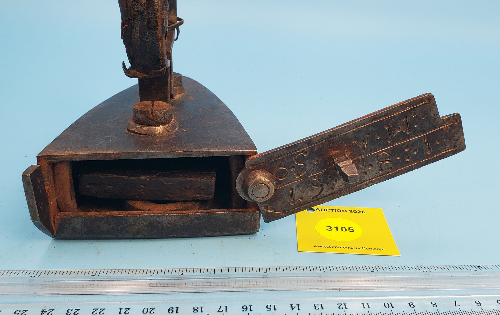 Slug iron, hinged gate, leather covered handle, L 6 1/2" w/slug - 2