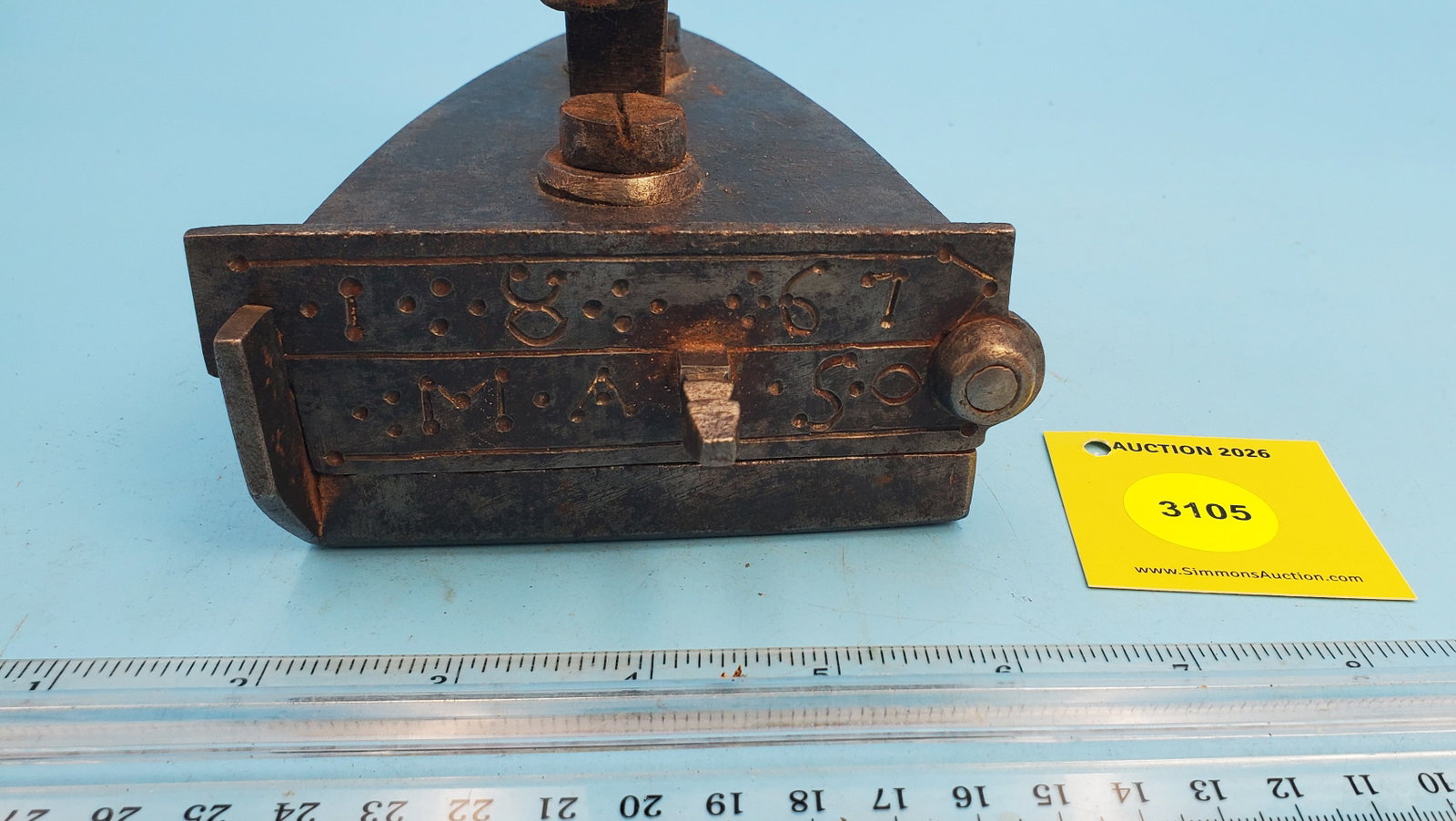 Slug iron, hinged gate, leather covered handle, L 6 1/2" w/slug - 3
