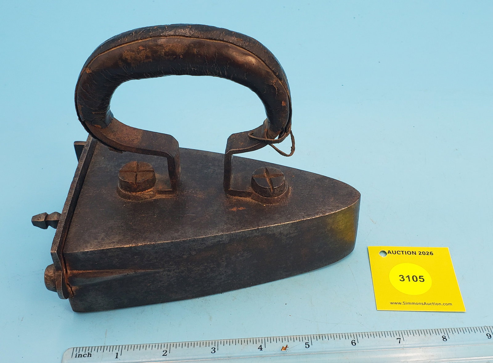 Slug iron, hinged gate, leather covered handle, L 6 1/2" w/slug - 4