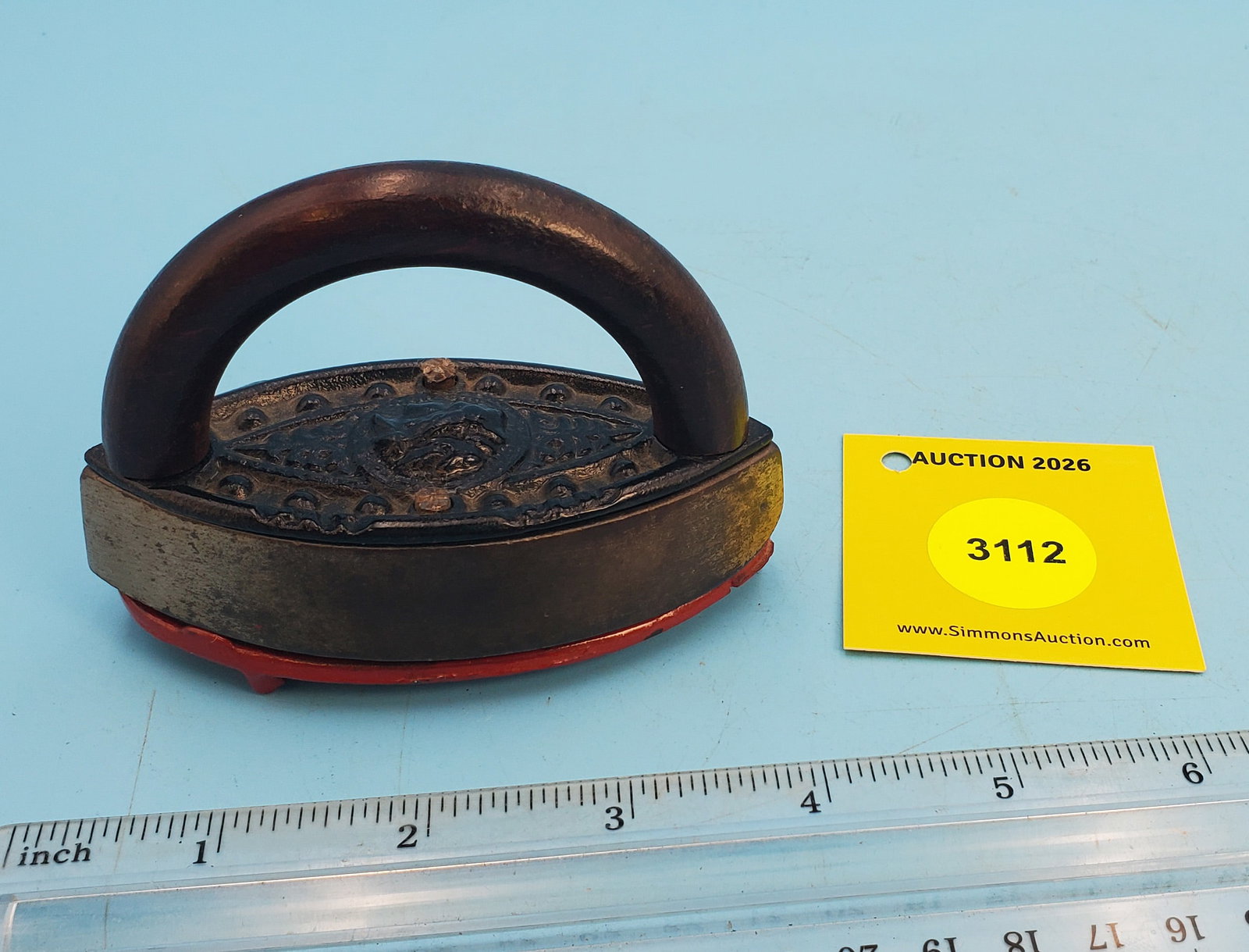 Wood grip, Liberty head, late 1800, L 3 3/4" w/red oval trivet: Wood grip, Liberty head, late 1800, L 3 3/4" w/red oval trivet