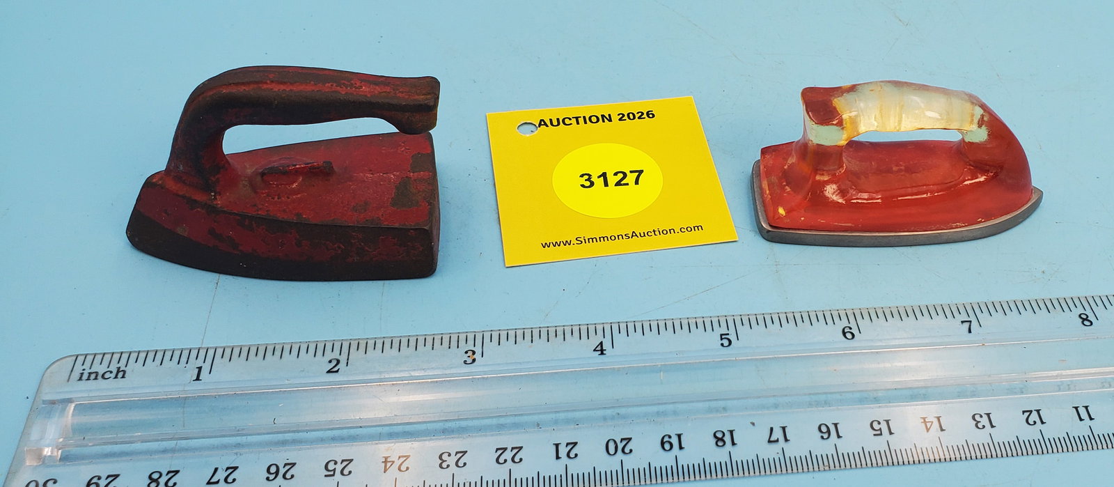 Lot of 2, small red toy irons: Lot of 2, small red toy irons