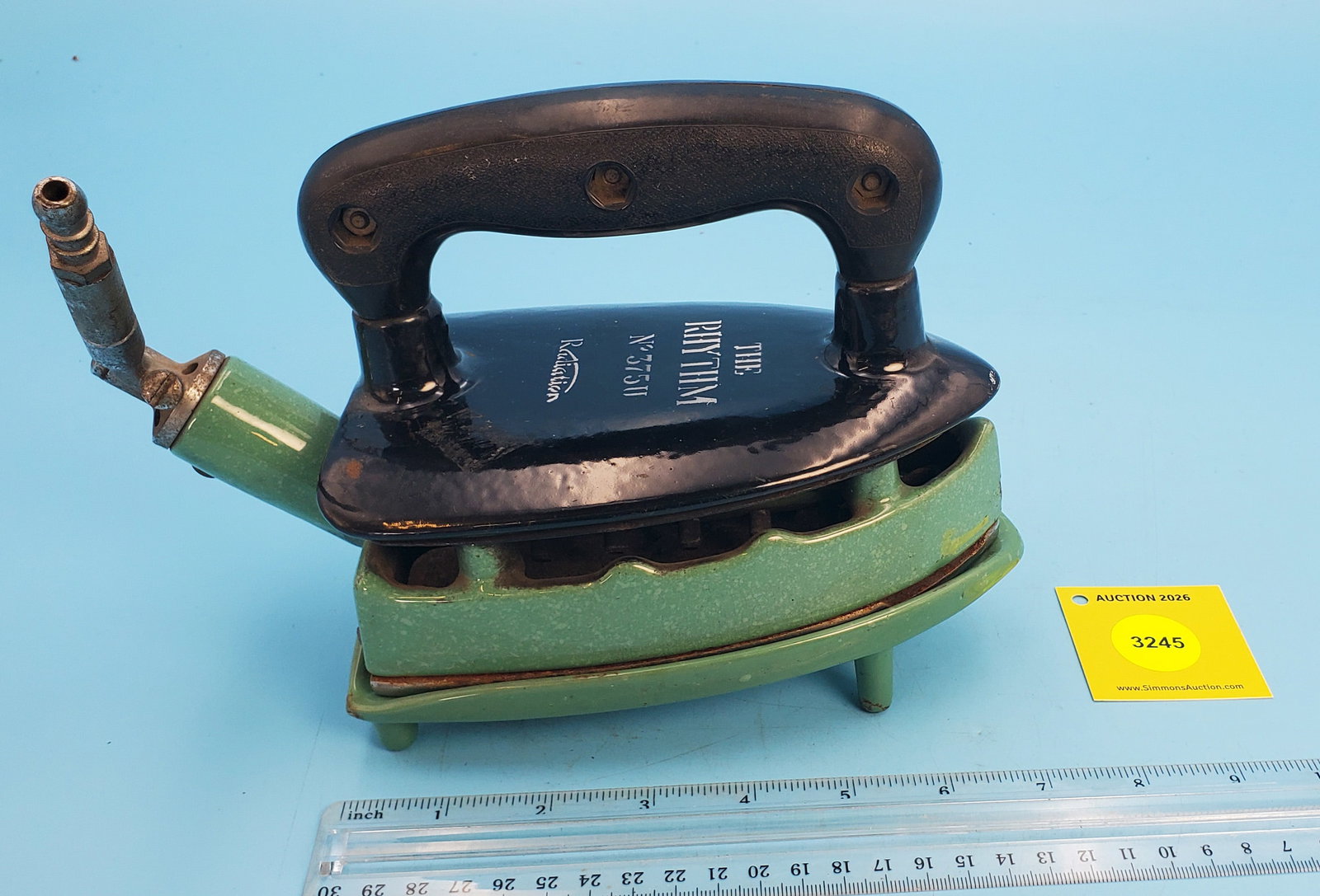Natural gas, English, The Rhythm No 375U, Radiation, w/companion trivet, both green enamel, plastic: Natural gas, English, The Rhythm No 375U, Radiation, w/companion trivet, both green enamel, plastic handle, about 1940, L 6 1/2"