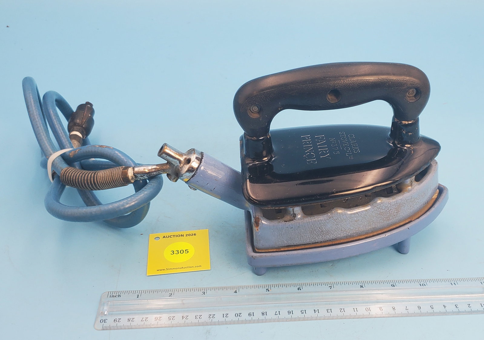 Natural gas, Clarks Stove C &L, No 375, Fairy Prince, Blue enamel, black top and handle, L 6 1/2"... (1 of 3)