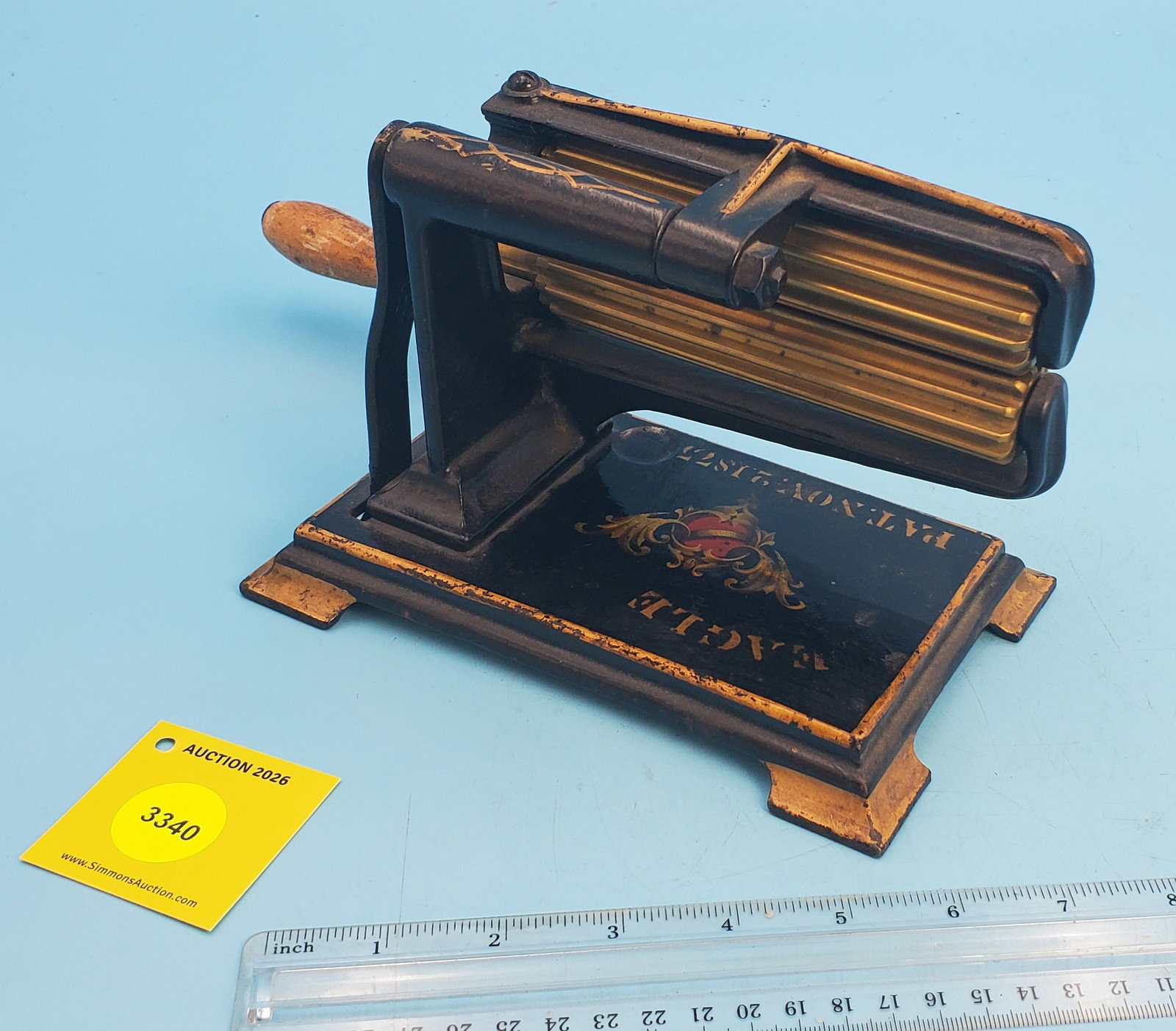 Machine, stenciled Eagle, flower decal and Pat Nov 2, 1875, Am Machine Co/Albrecht's Pat. Pinstri...: Machine, stenciled Eagle, flower decal and Pat Nov 2, 1875, Am Machine Co/Albrecht's Pat. Pinstriped gold on black Roll5 1/4", no slugs
