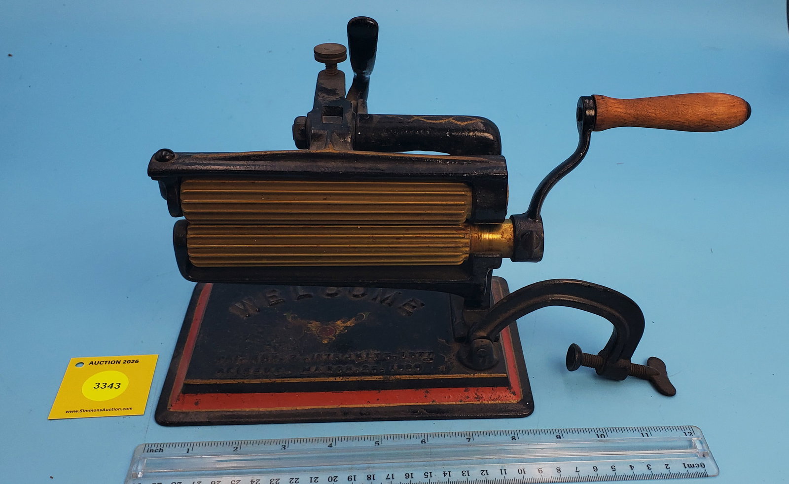 Machine, Welcome, Mfg by American Machine Co., Philadelphia PA, Pat Nov 2, 1875, July 3, 1877, Re...: Machine, Welcome, Mfg by American Machine Co., Philadelphia PA, Pat Nov 2, 1875, July 3, 1877, Reissued March 23, 1880, black paint w/gold and red pinstriping, Roll 6"