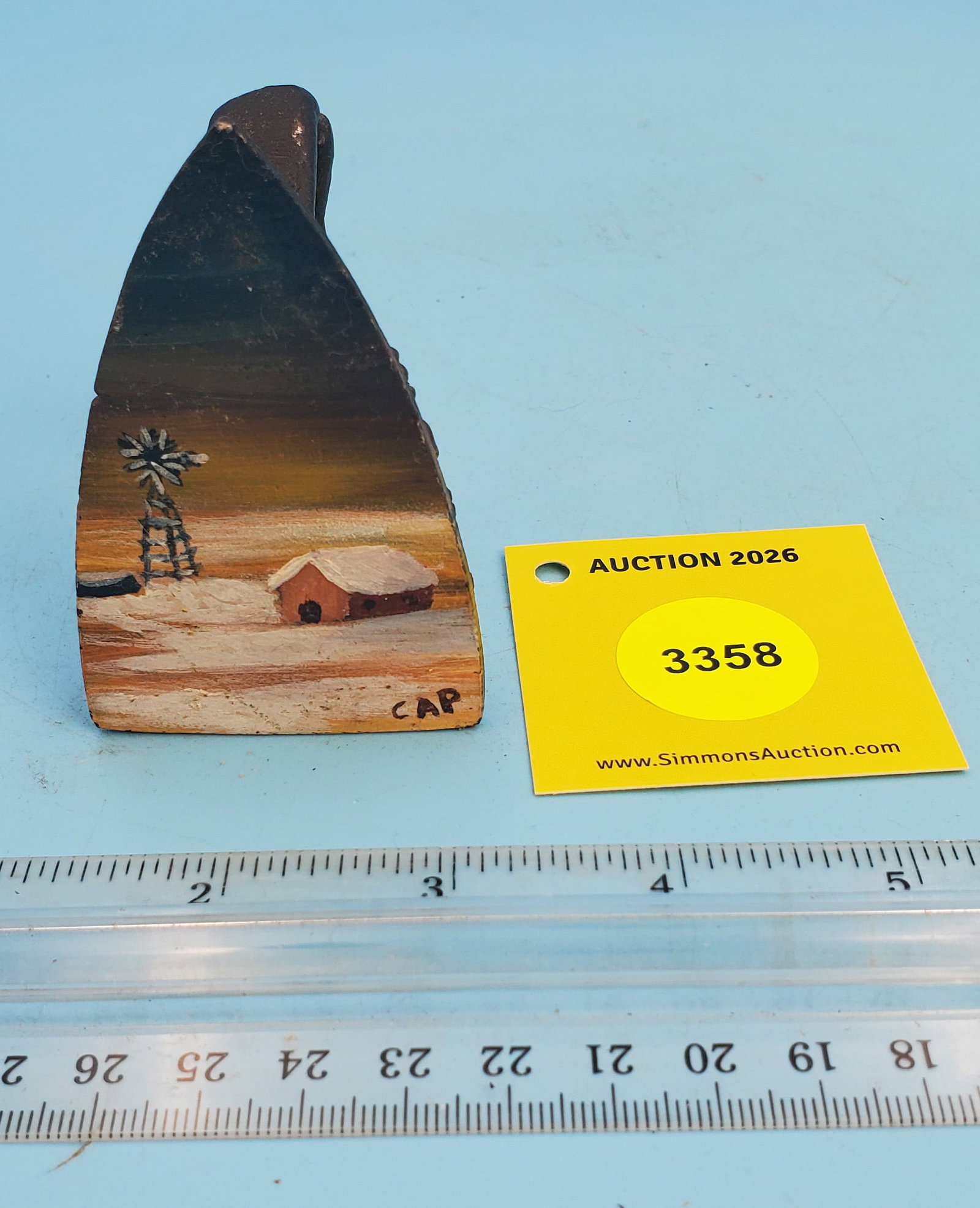 Flat iron, MSW 5, Made USA, L 3", painted barn and windmill scene on bottom - 2