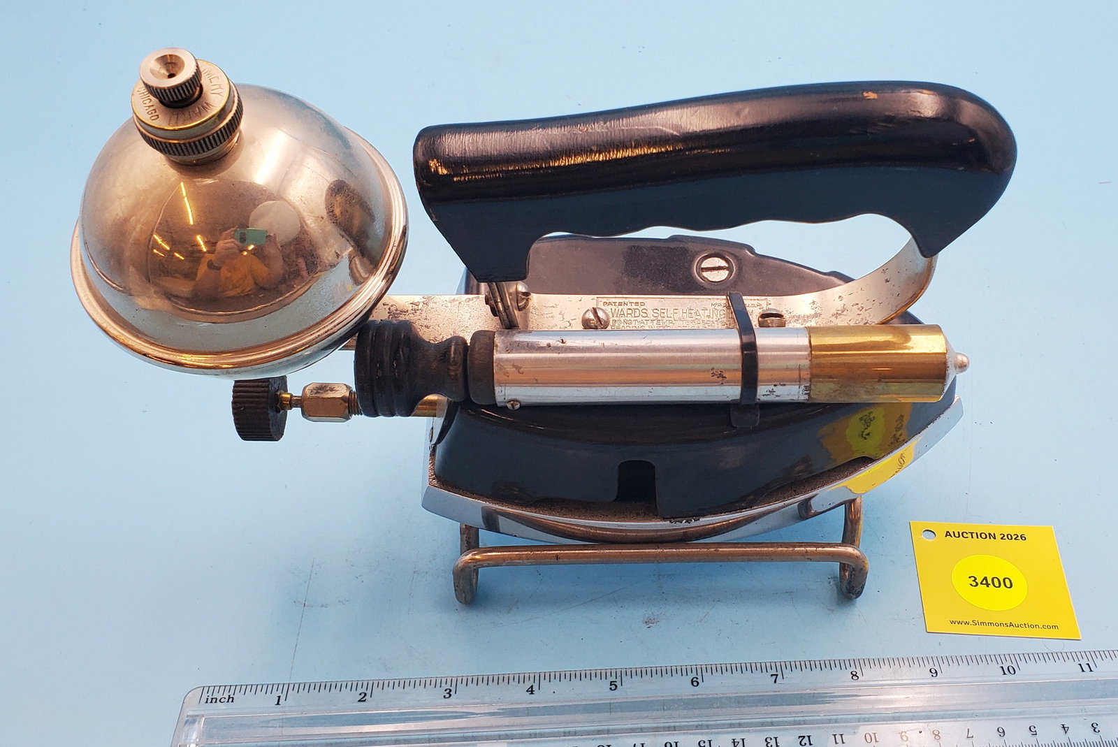 Gasoline, Wards Self Heating iron, w/pump and stand, L 7 1/4" (1 of 2)