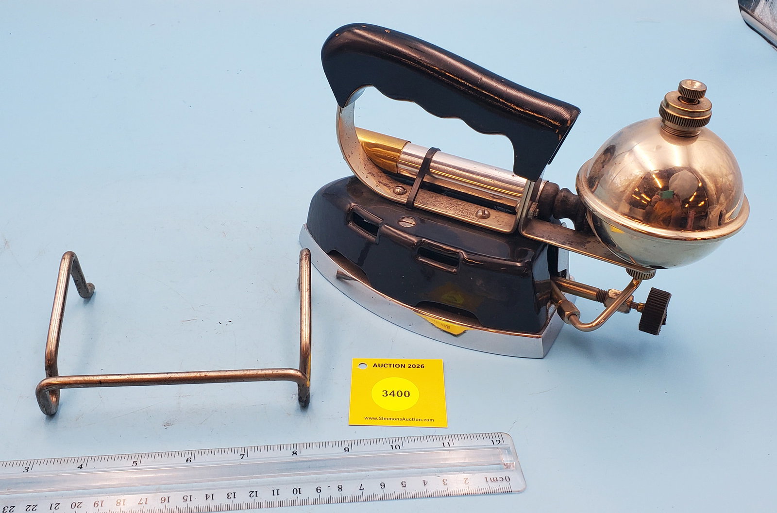 Gasoline, Wards Self Heating iron, w/pump and stand, L 7 1/4" - 2