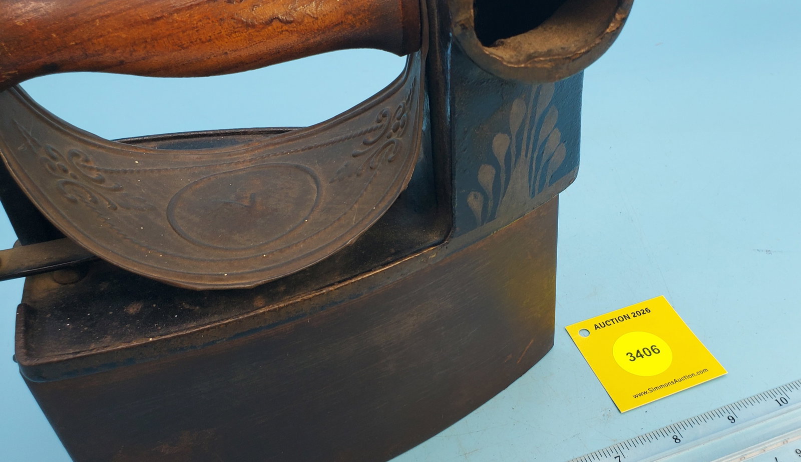 Turned chimney, decorated heat shield "7" gold stenciling, "S" on damper cover, L 7" - 4