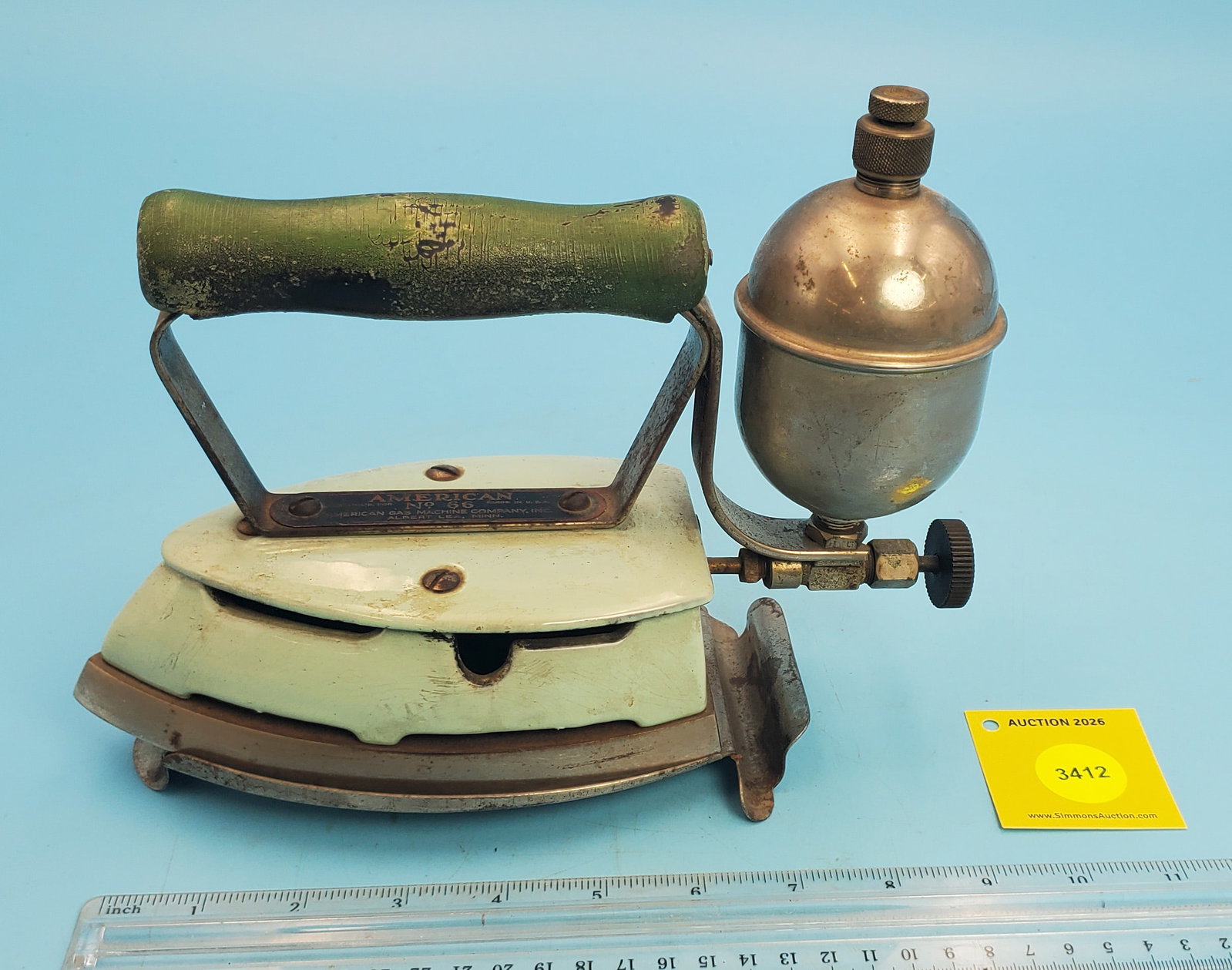 Gasoline, American, American Gas & Machine Company Inc., No 66, w/trivet, green enamel on surface...: Gasoline, American, American Gas & Machine Company Inc., No 66, w/trivet, green enamel on surface and green handle, L 6 7/8"