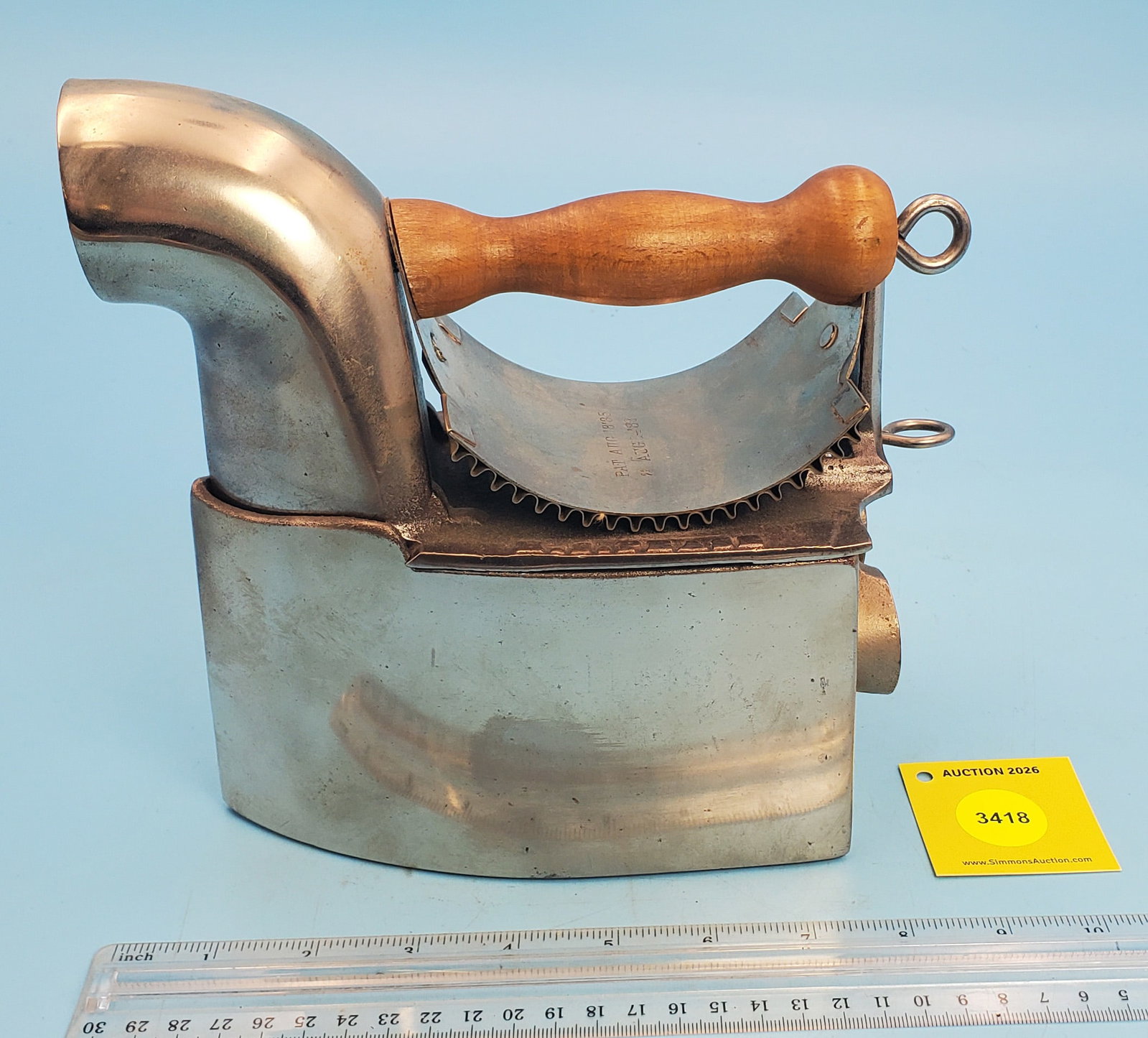 Combination, charcoal, M.S. Pease, Cincinnati O, Patented Aug 14, 1888, fluter rocker in handle, ...: Combination, charcoal, M.S. Pease, Cincinnati O, Patented Aug 14, 1888, fluter rocker in handle, top lifts off, L 6 3/4"