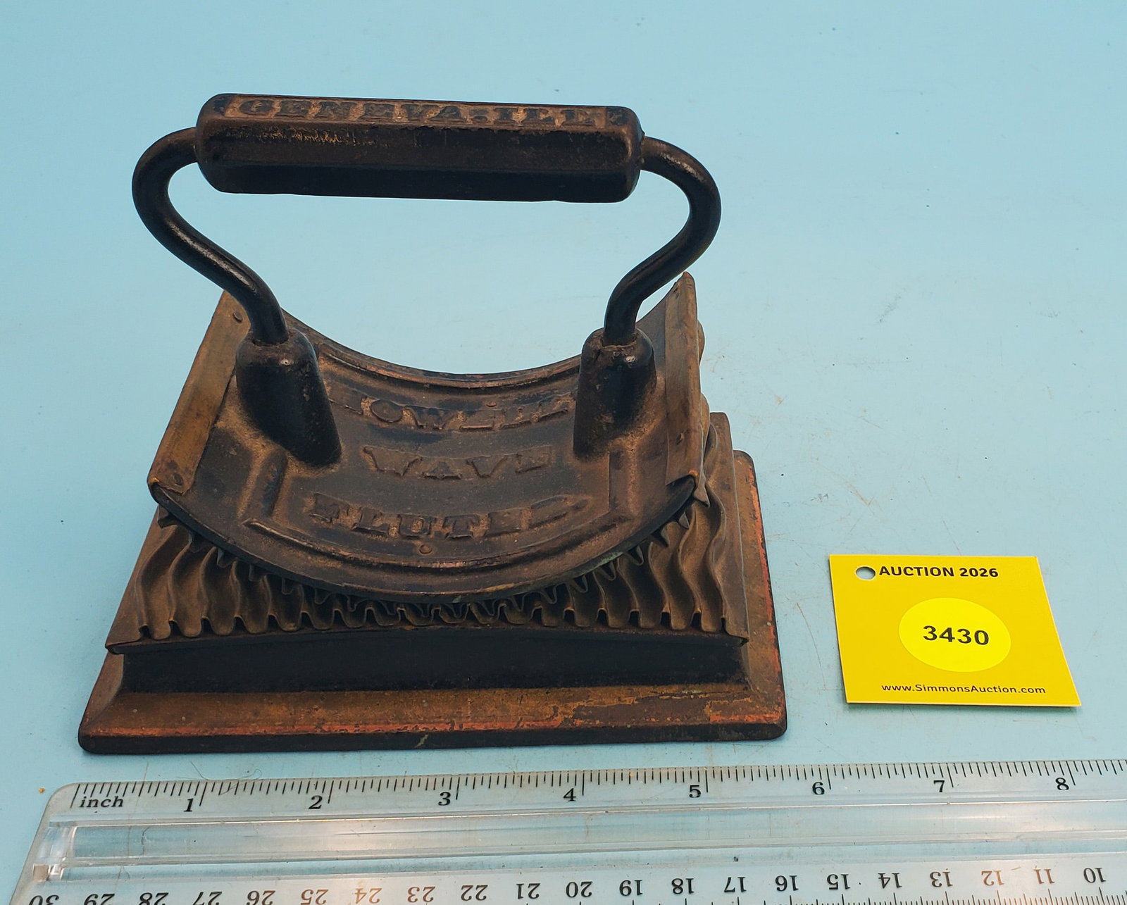 Rocker, Howell's Wave Fluter, Geneva Ill, Pat'd Aug 21, 1866, Heat This, brass top and base plates,: Rocker, Howell's Wave Fluter, Geneva Ill, Pat'd Aug 21, 1866, Heat This, brass top and base plates, flutes are in wave design, L 5 3/4"