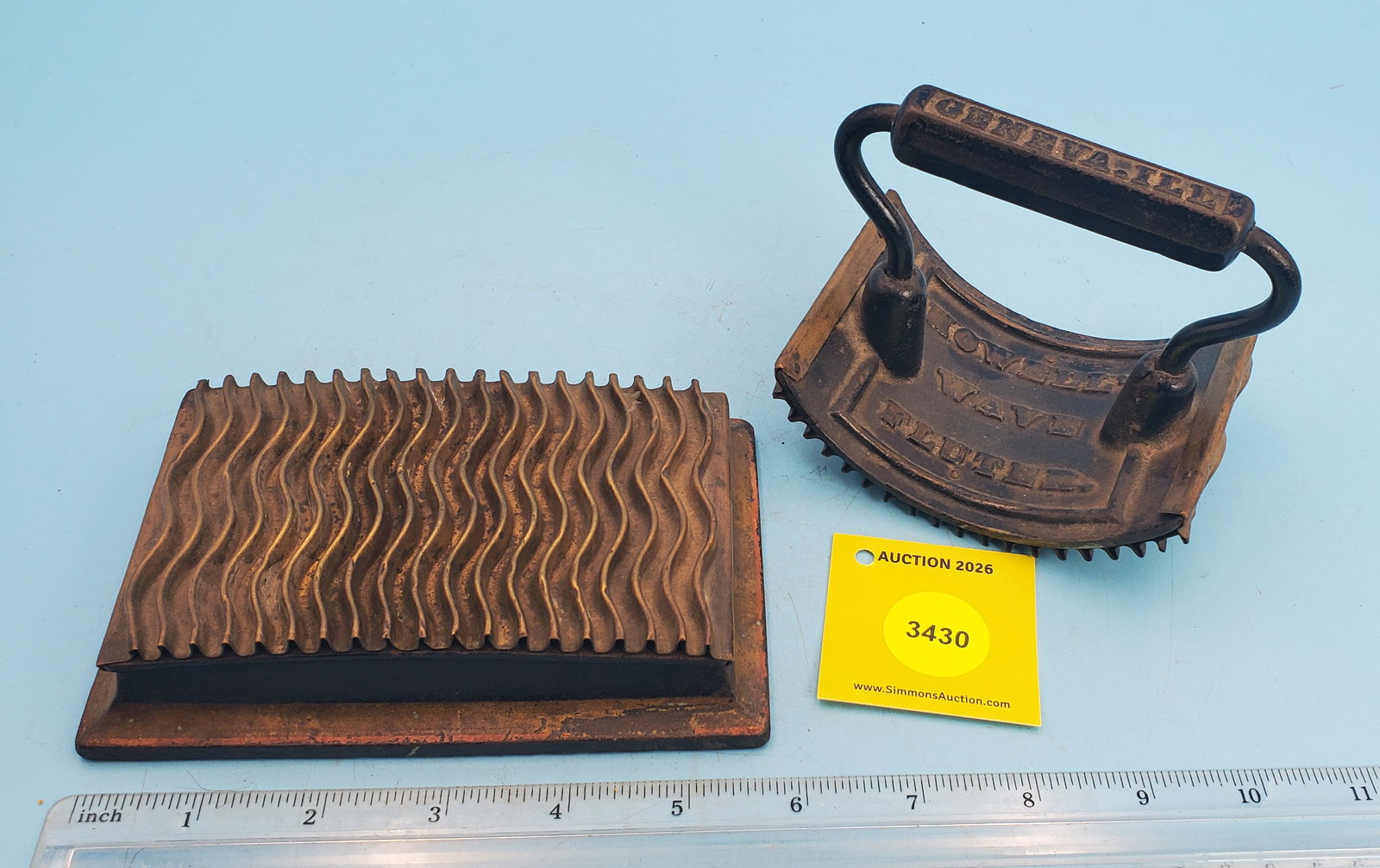 Rocker, Howell's Wave Fluter, Geneva Ill, Pat'd Aug 21, 1866, Heat This, brass top and base plates, - 3