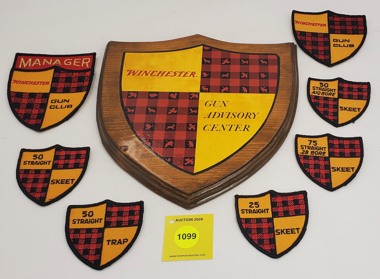 Lot of 8, 7 Winchester patches, 1 Winchester Wooden Gun Advisory center sign: Lot of 8, 7 Winchester patches, 1 Winchester Wooden Gun Advisory center sign