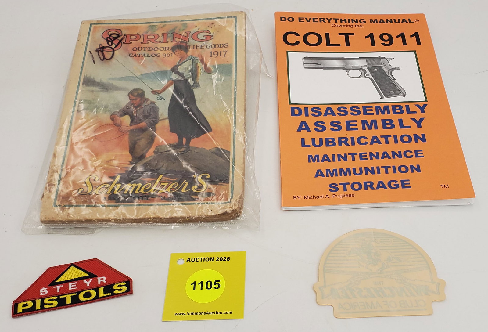 Lot of 4, Colt 1911 book, Schmelzer's catalog, steyr patch, Winchester sticker: Lot of 4, Colt 1911 book, Schmelzer's catalog, steyr patch, Winchester sticker