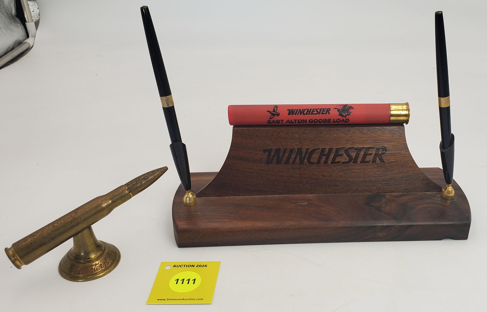 Lot of 2, Wooden Winchester pen holder, brass Winchester tabletop bullet display: Lot of 2, Wooden Winchester pen holder, brass Winchester tabletop bullet display