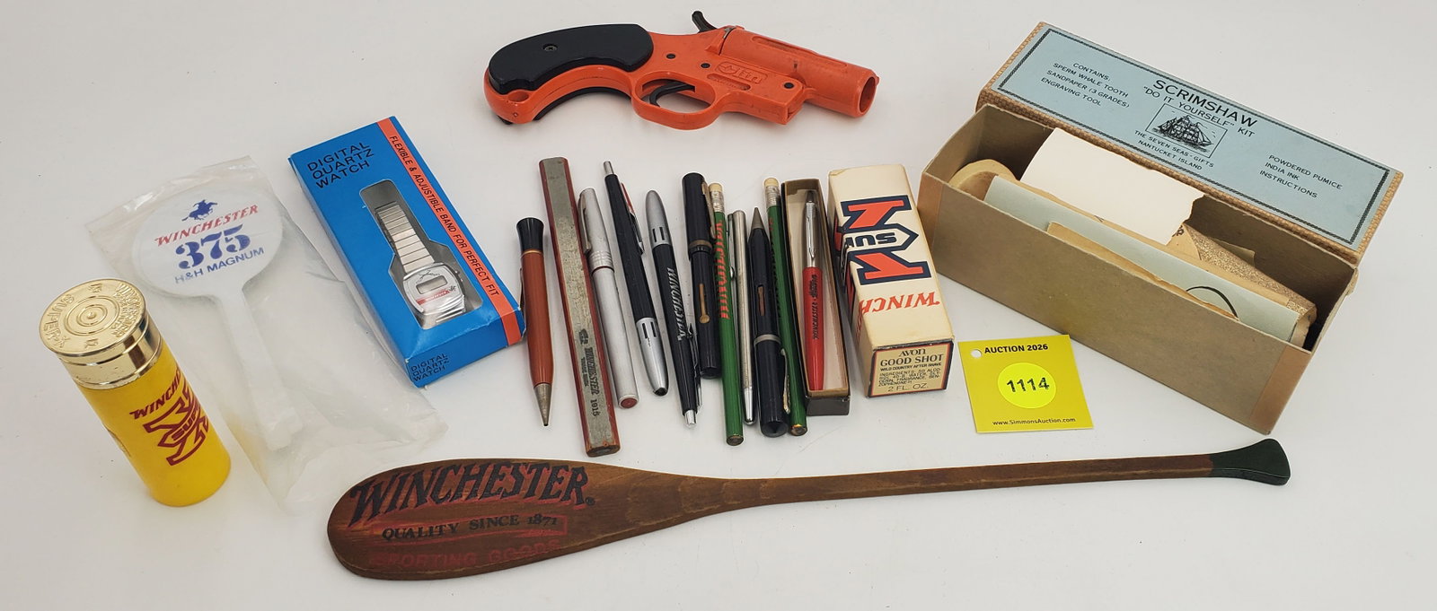 Large lot of misc items, including Winchester lighters, Winchester perfume, pencils/ pens (1 of 2)