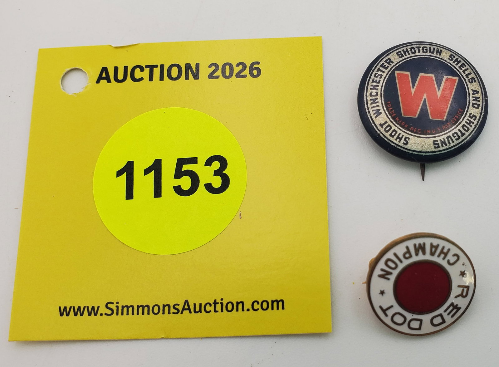 Lot of 2, Shot Winchester Shotgun Shells and Shotgun pin, Red Dot Champion pin: Lot of 2, Shot Winchester Shotgun Shells and Shotgun pin, Red Dot Champion pin