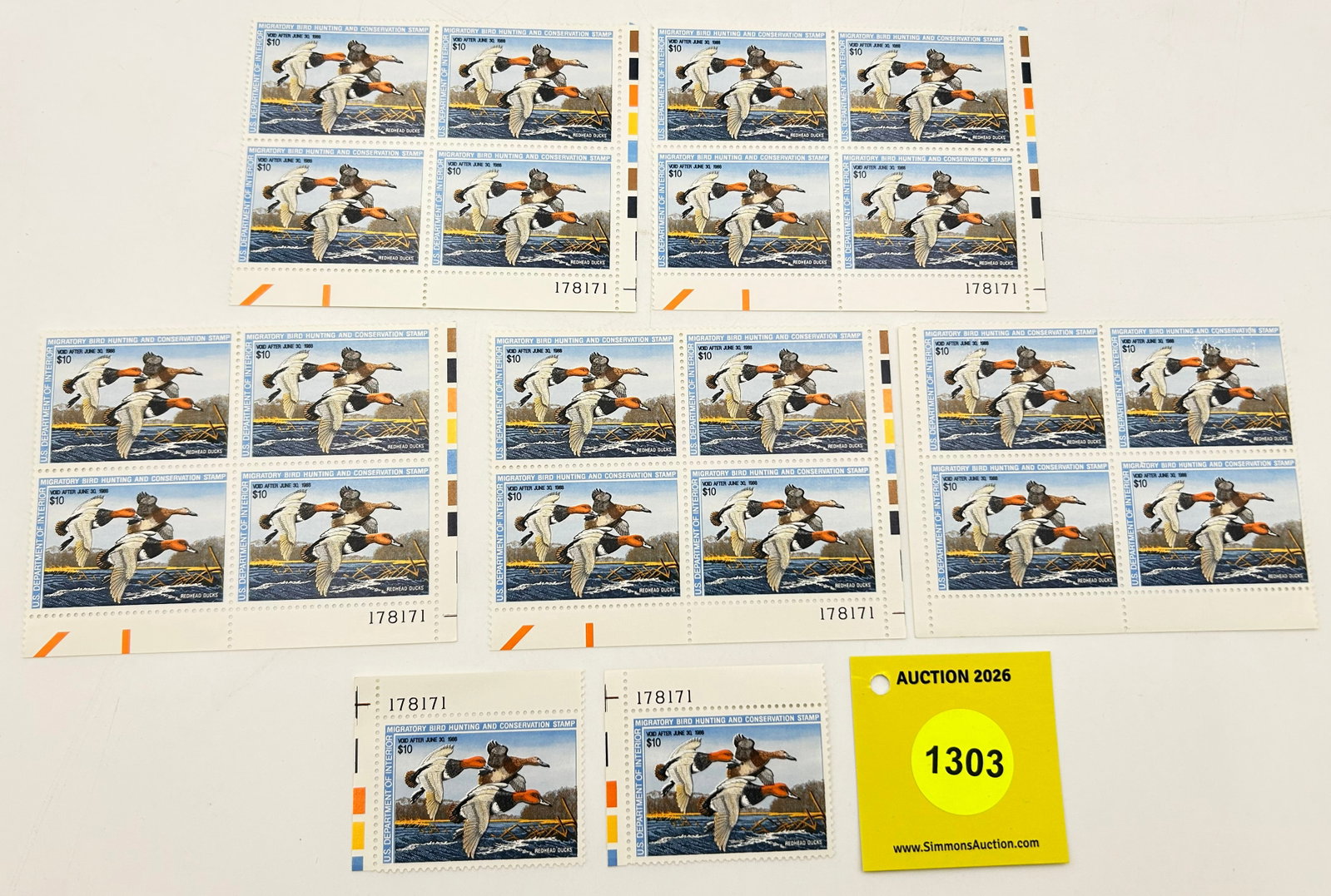 Lot of 7, (5) blocks of 4 Stamps, (2) individual stamps, Migratory bird hunting stamp (1987), RW??. (1 of 2)