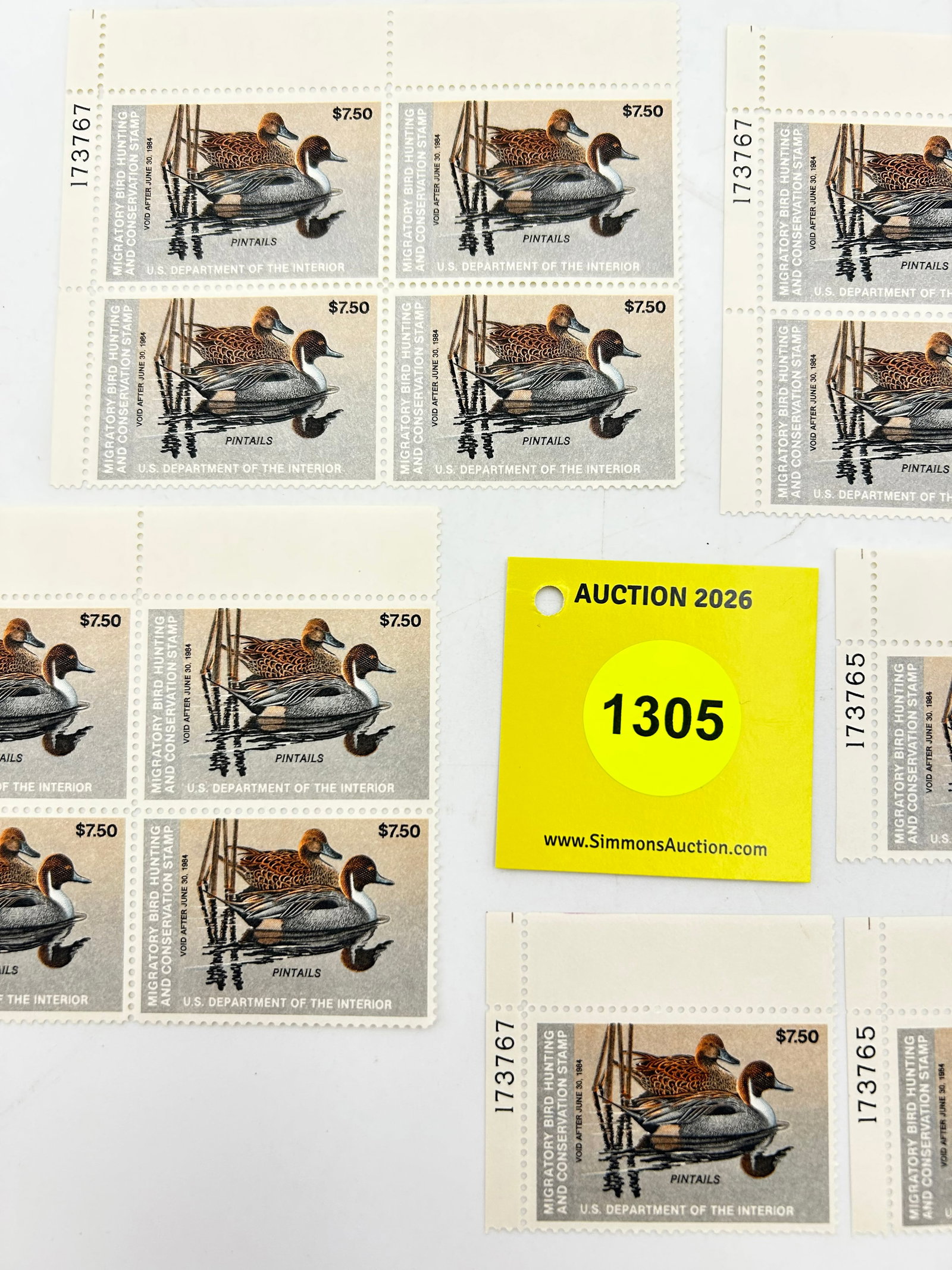 Lot of 7, (3) Block of 4 Stamps, (4) individual stamps, Migratory Bird Hunting Stamp RW??. (1983)... (1 of 2)