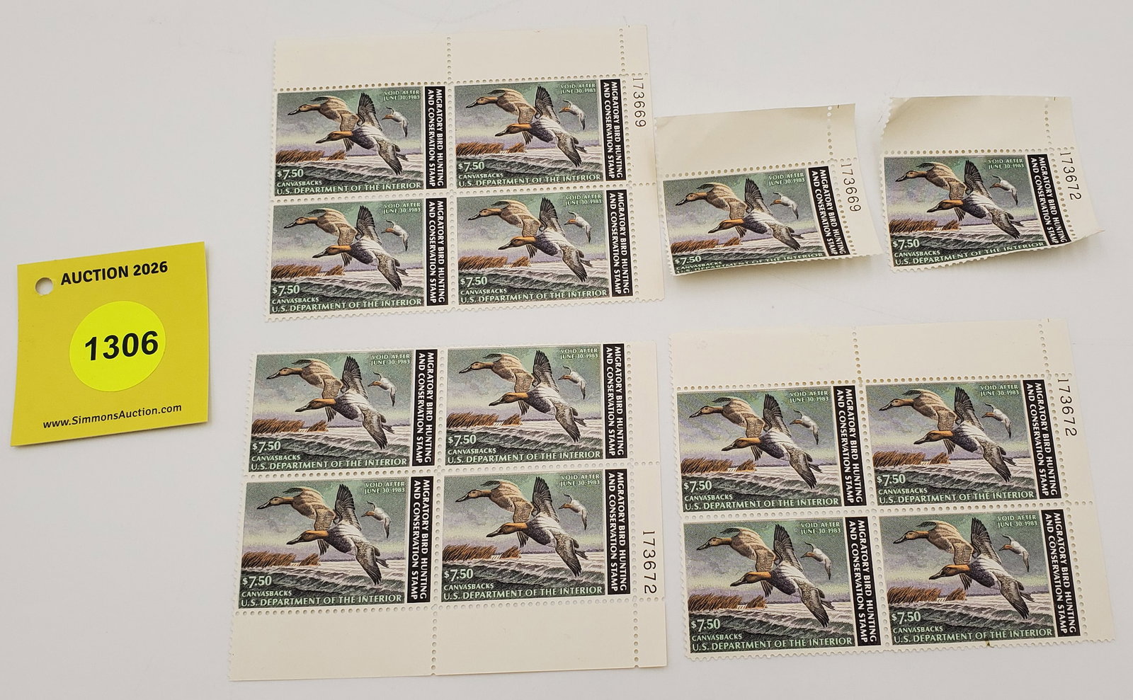Lot of 5, (3) blocks of 4 stamps, (2) individual stamps, Migratory Bird Hunting Stamps RW??. (198... (1 of 2)