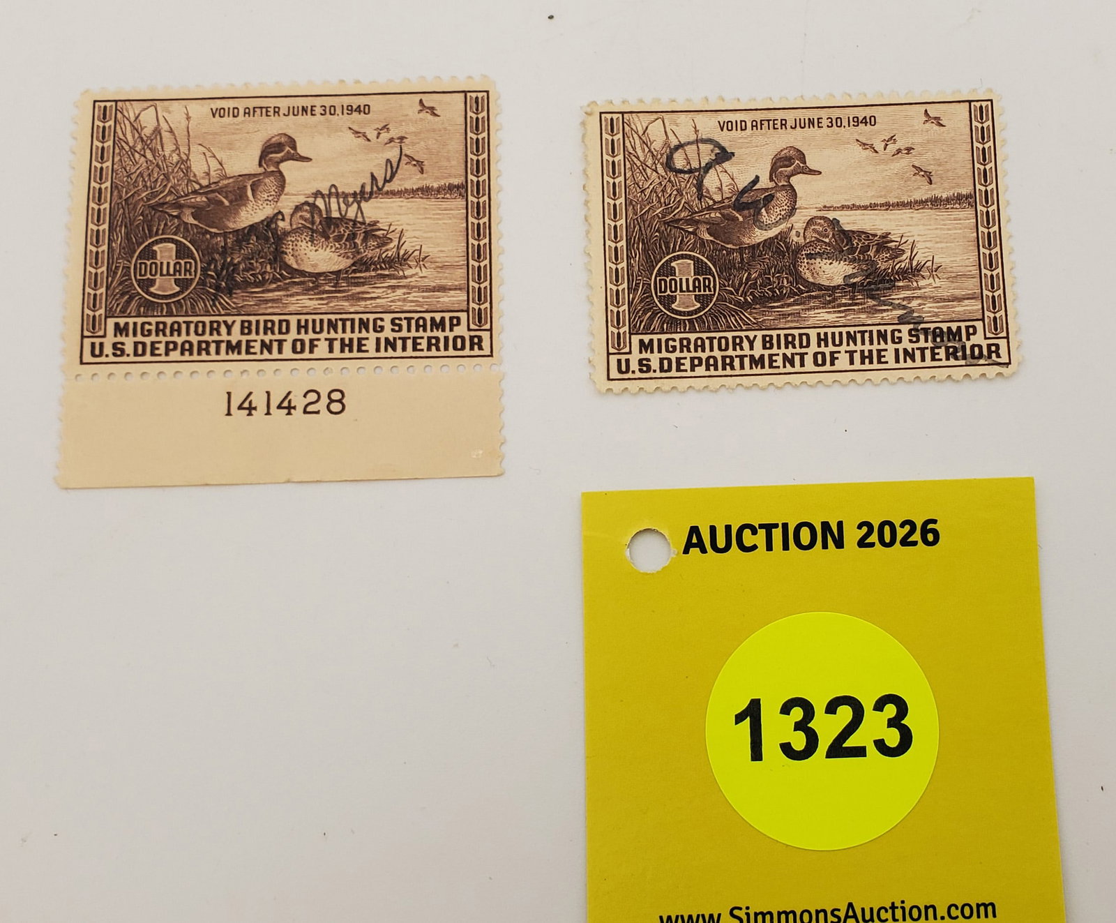 Lot of 2 Migratory Bird Hunting Stamps $ 1, RW6 (1939-40) Used #141428 (1 of 2)