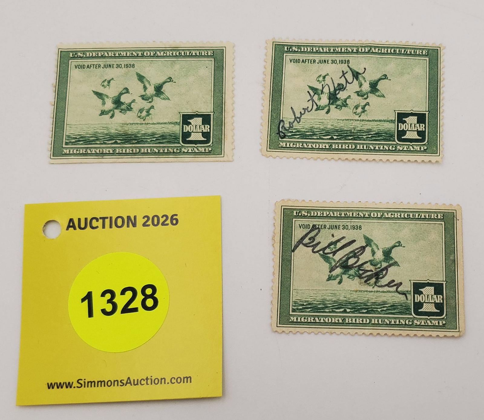 Lot of 3 Migratory Bird Hunting Stamp $1 RW4 (1937-38). Used (1 of 2)