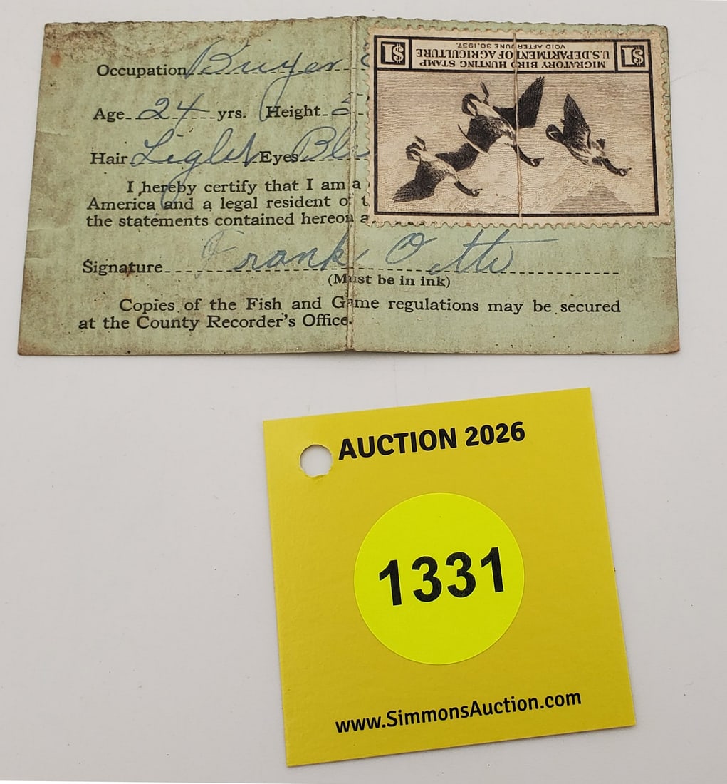 Migratory Bird Hunting Stamp $1 RW1 (1937). Used On License: Migratory Bird Hunting Stamp $1 RW1 (1937). Used On License