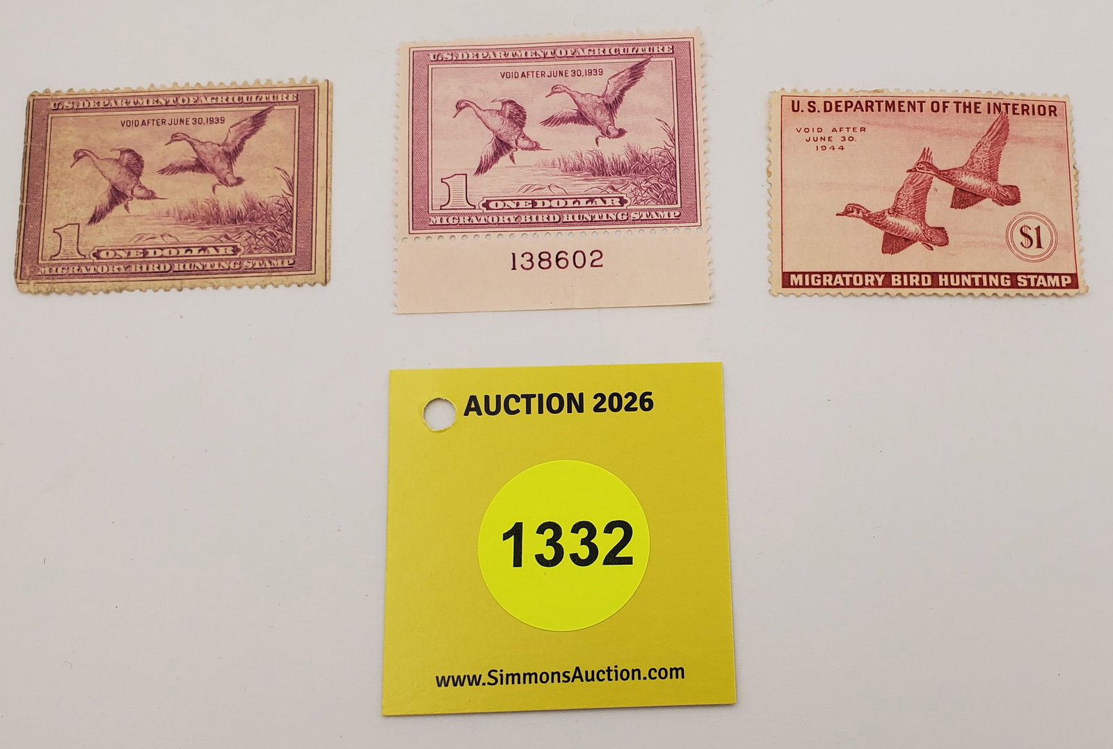Lot of 3 Migratory Bird Hunting Stamp $1 RW3 (1943-44). One New, Two Used. #138062: Lot of 3 Migratory Bird Hunting Stamp $1 RW3 (1943-44). One New, Two Used. #138062