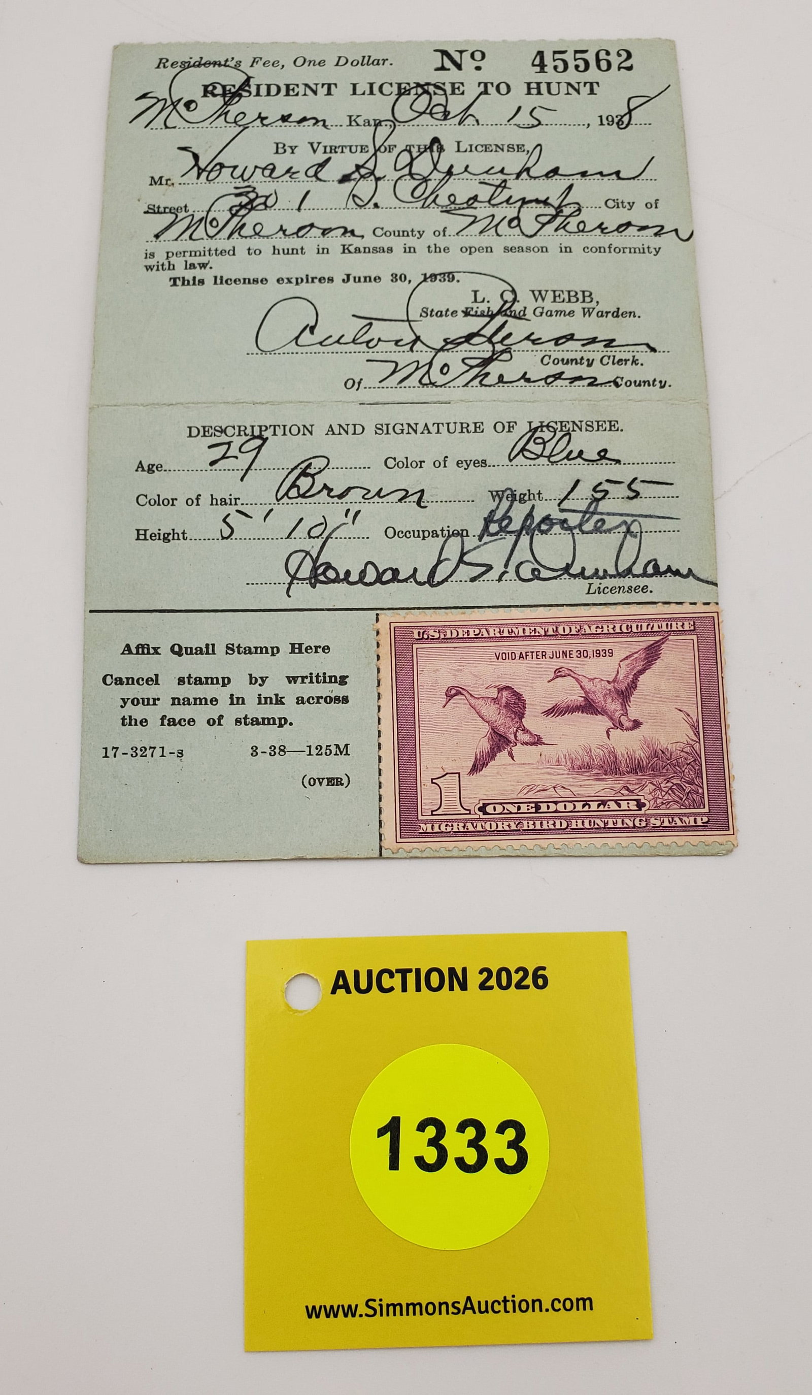 Migratory Bird Hunting Stamp $1 RW?? (1938-39). Used on License: Migratory Bird Hunting Stamp $1 RW?? (1938-39). Used on License