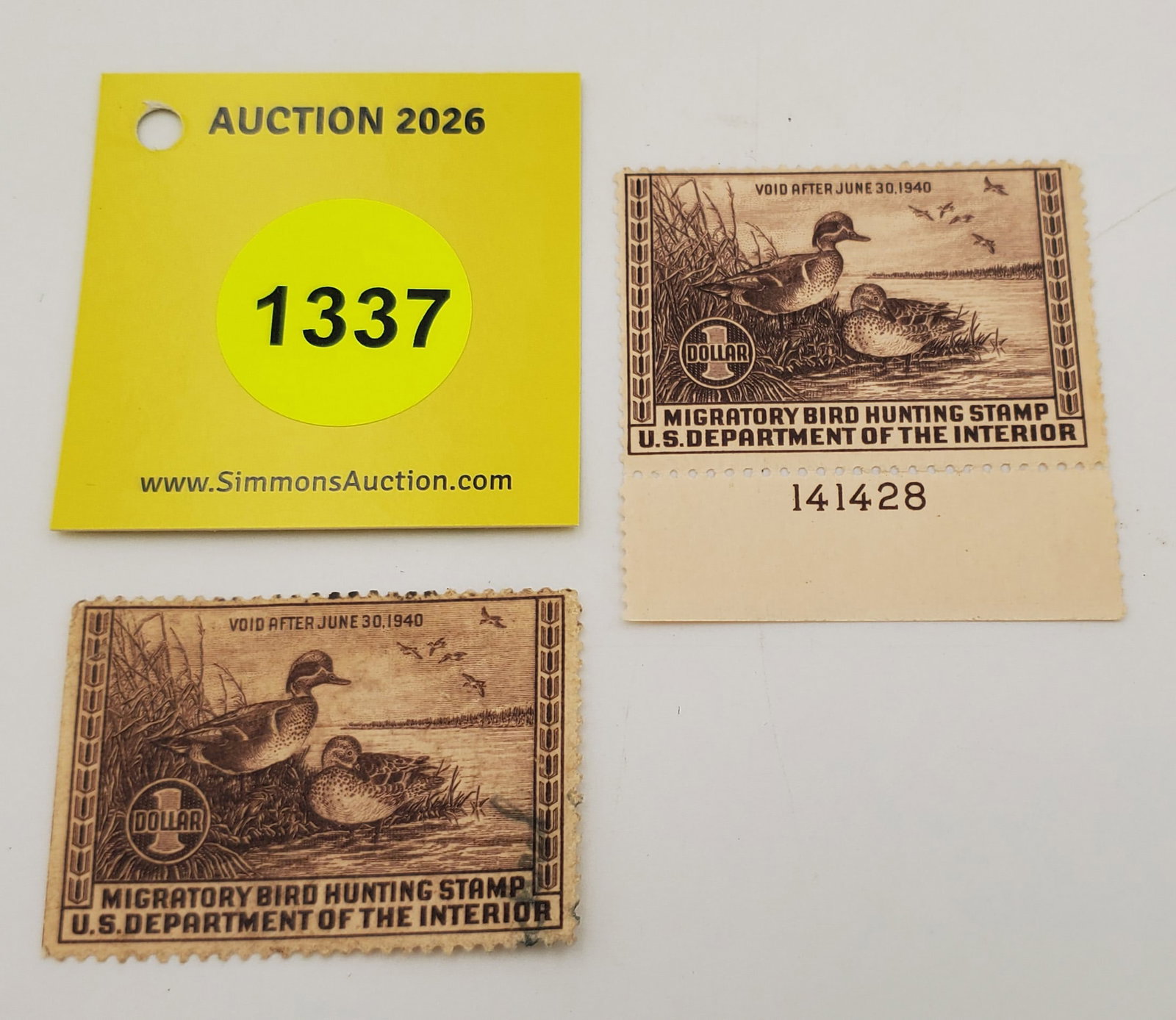 Lot of 2, Migratory Bird Hunting Stamps $1 RW6 (1939-40). Good Unused #141428 (1 of 2)