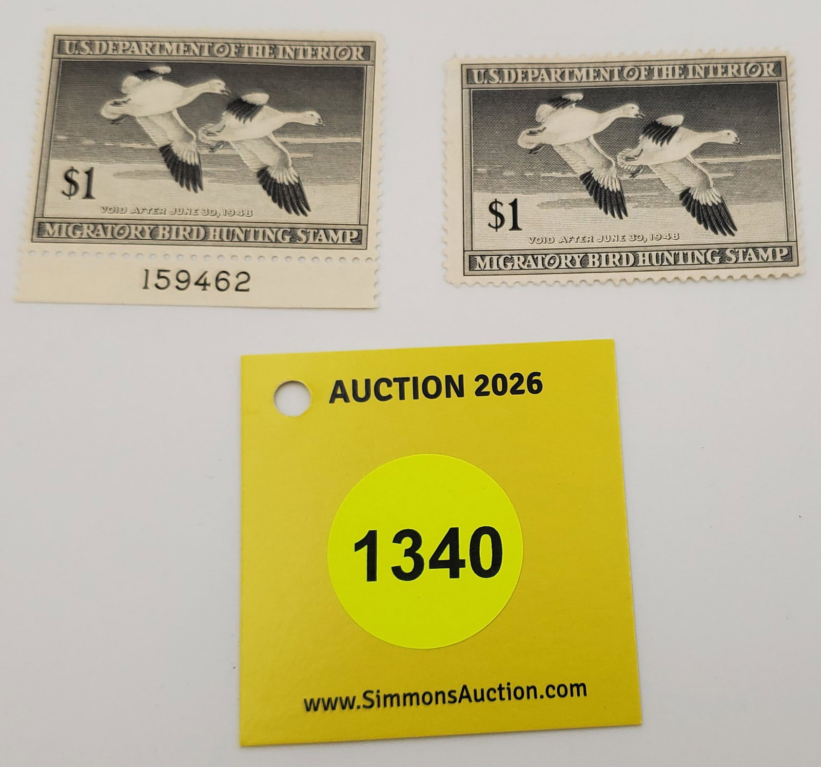 Lot of 2Migratory Bird Hunting Stamps $1 RW14 (1947-48) Good Unused #159462: Lot of 2Migratory Bird Hunting Stamps $1 RW14 (1947-48) Good Unused #159462