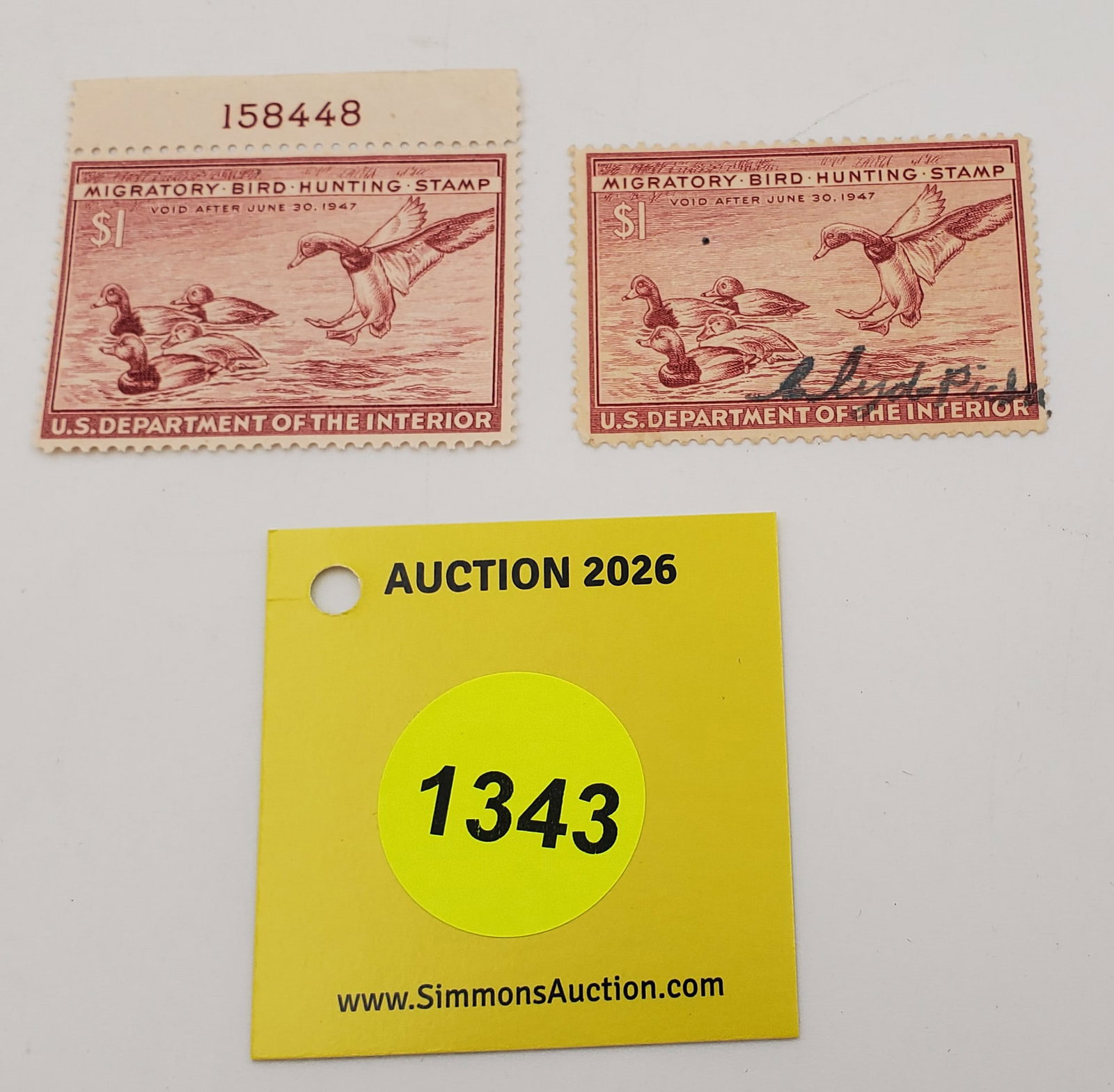 Lot of 2 Migratory Bird Hunting Stamps $1, RW13 (1946-47). One Good and Unused, other used. #158448: Lot of 2 Migratory Bird Hunting Stamps $1, RW13 (1946-47). One Good and Unused, other used. #158448
