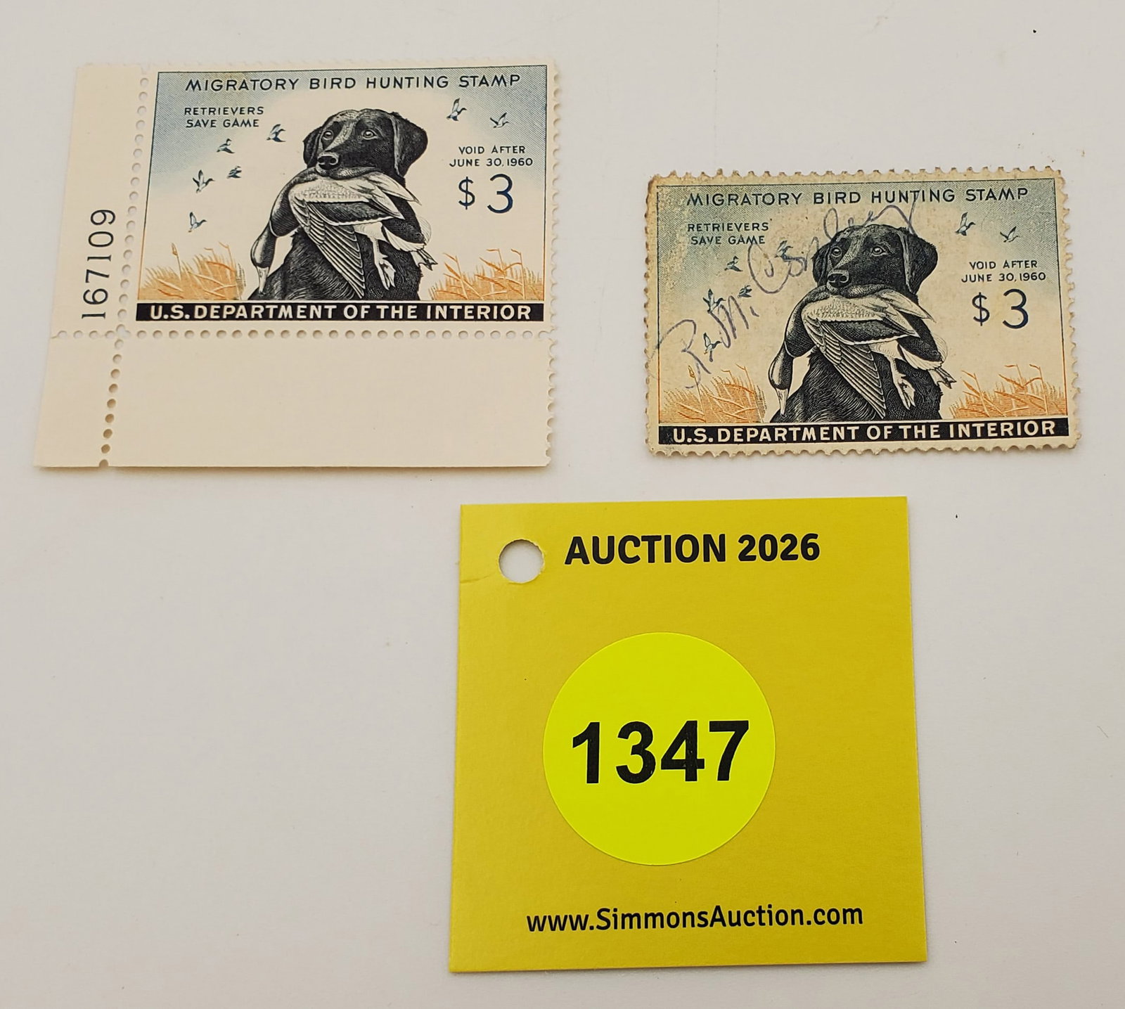 Lot of 2 Migratory Bird Hunting Stamp $3 RW26 (1959-60). One Good and unused, other used #167109: Lot of 2 Migratory Bird Hunting Stamp $3 RW26 (1959-60). One Good and unused, other used #167109