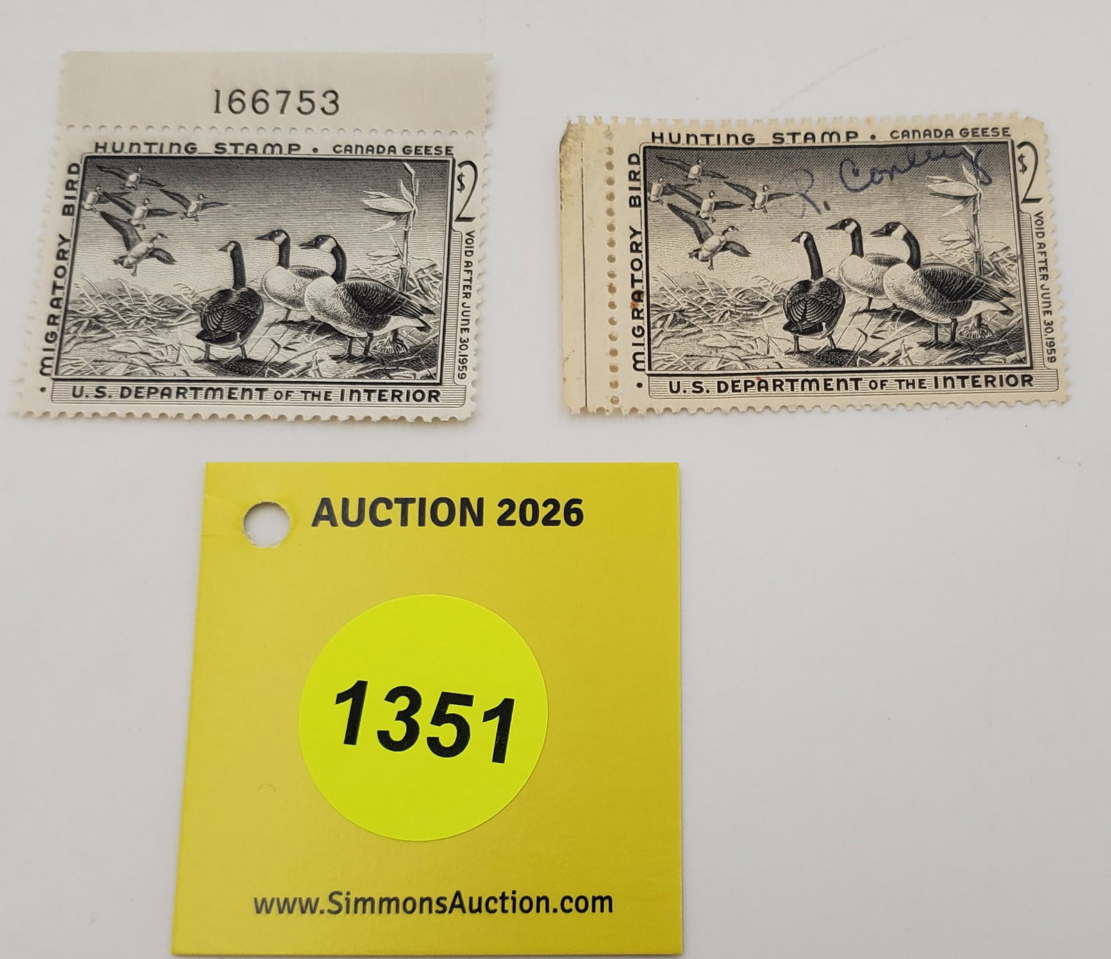 Lot of 2 Migratory Bird Hunting Stamps $2 RW25 (1958-59). One unused other used #166753: Lot of 2 Migratory Bird Hunting Stamps $2 RW25 (1958-59). One unused other used #166753