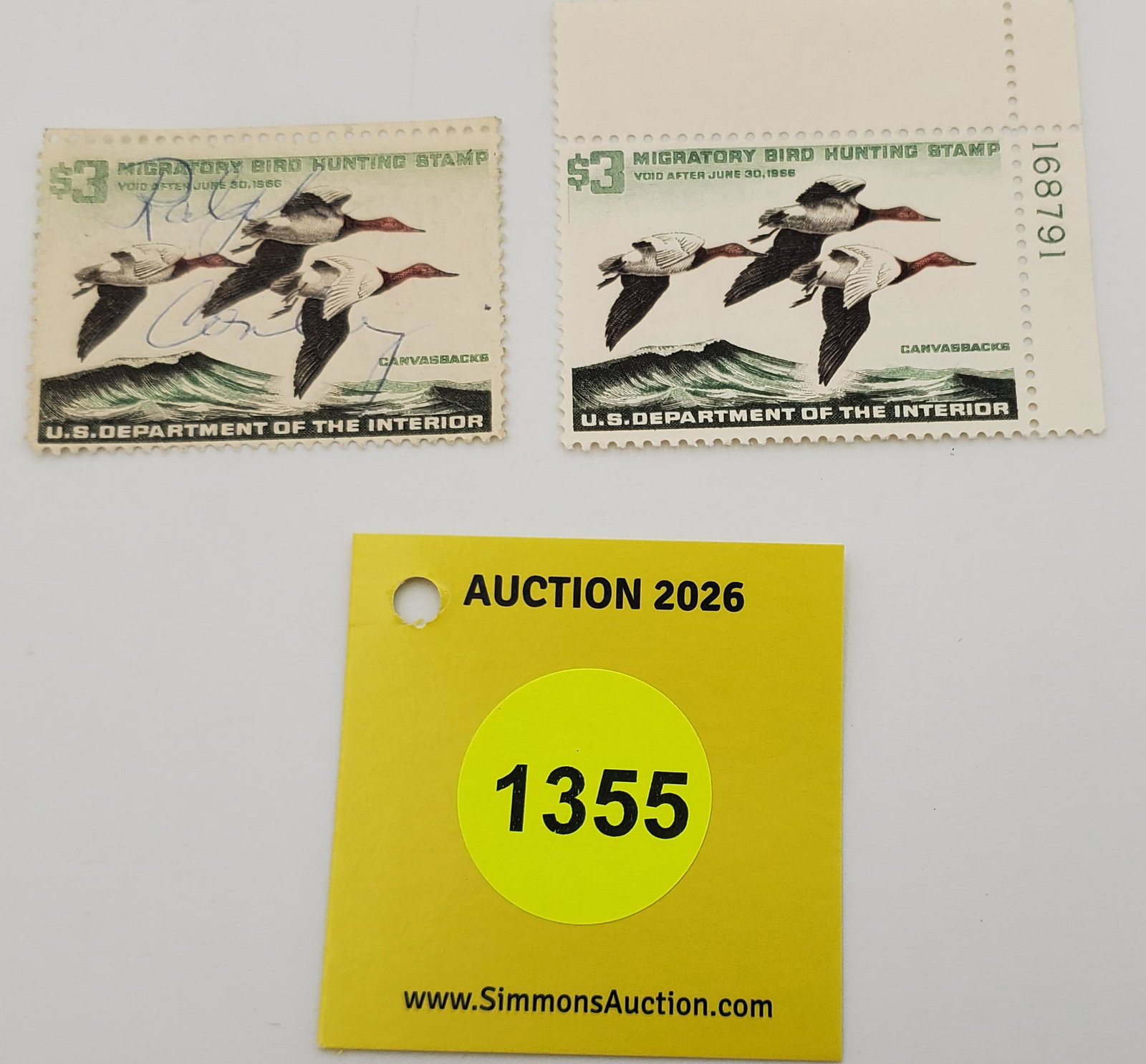 Lot of 2 Migratory Bird Hunting Stamps $3 RW32 (1965-66). One unused, other used #168791: Lot of 2 Migratory Bird Hunting Stamps $3 RW32 (1965-66). One unused, other used #168791