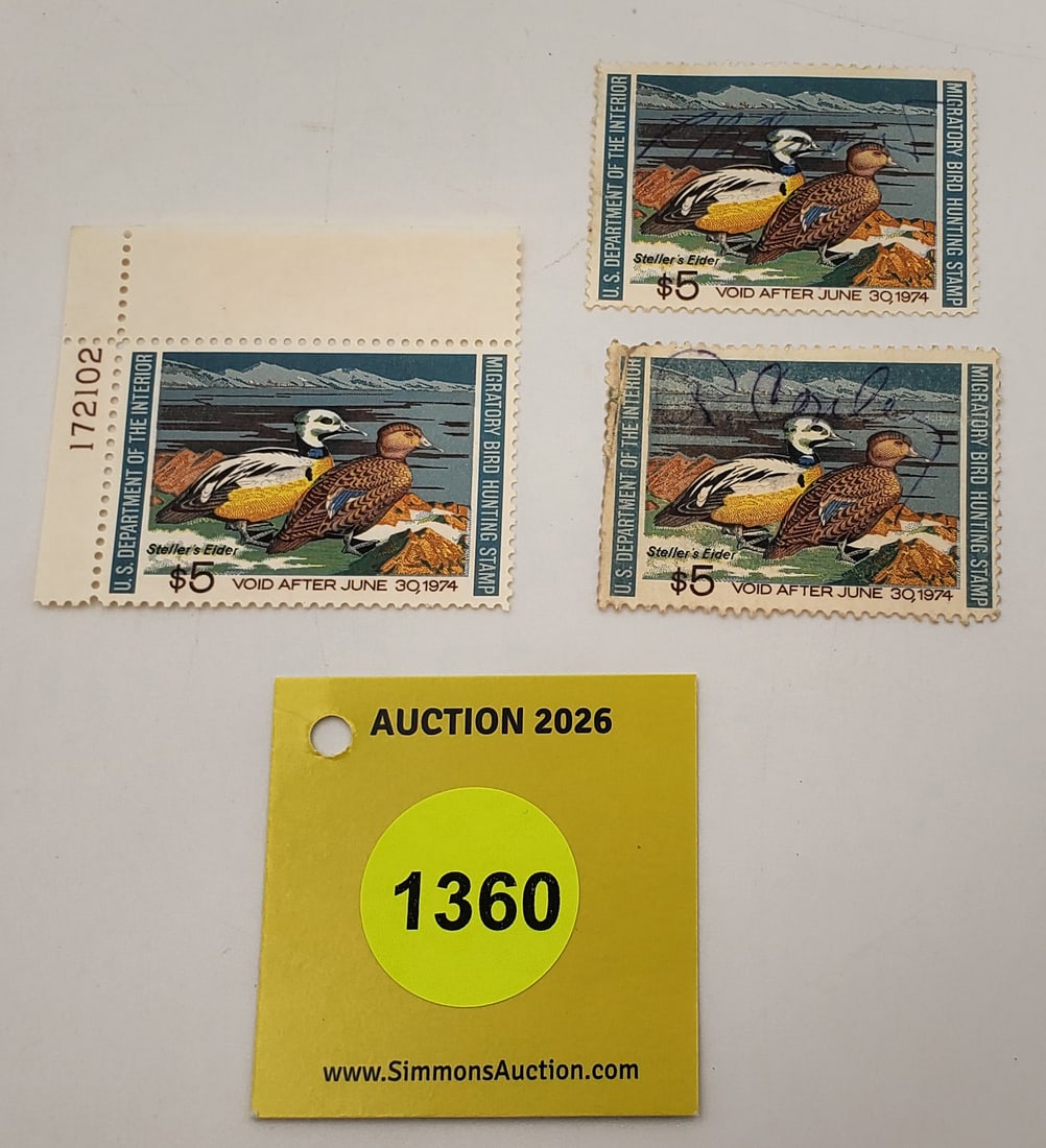 Lot of 3 Migratory Bird Hunting Stamps $5 RW40 (1973-74). Two Good Unused, other used #172102: Lot of 3 Migratory Bird Hunting Stamps $5 RW40 (1973-74). Two Good Unused, other used #172102