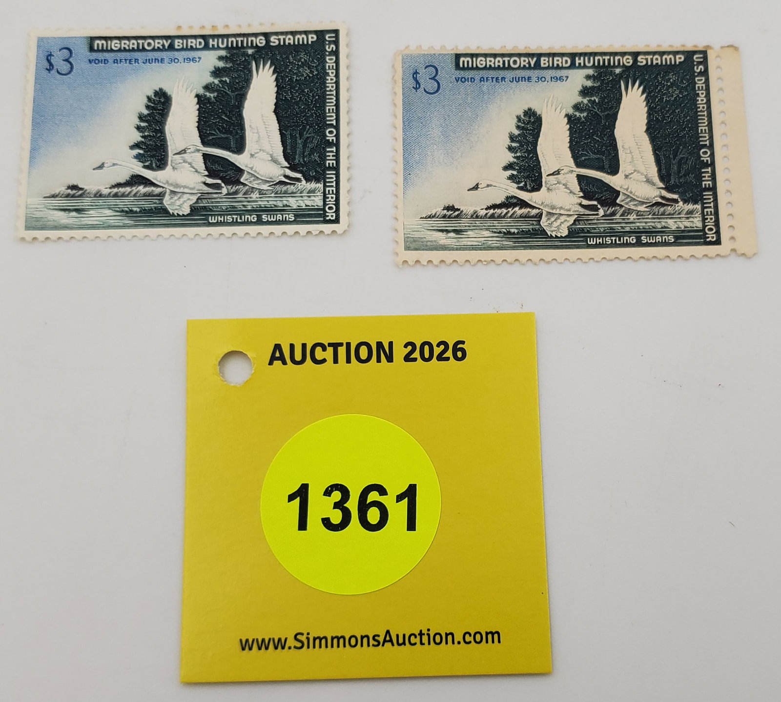 Lot of 2 Migratory Bird Hunting Stamp $3 RW33 (1966-67). Good unused: Lot of 2 Migratory Bird Hunting Stamp $3 RW33 (1966-67). Good unused