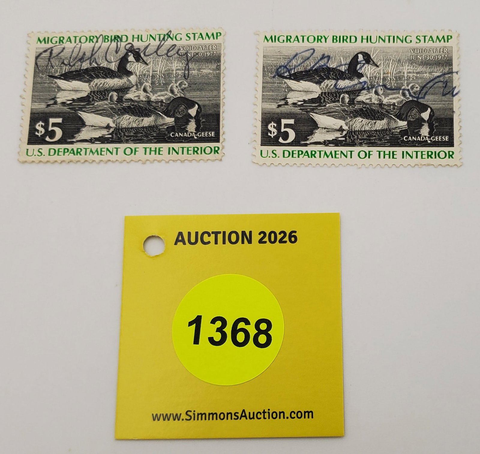 Lot of 2 Migratory Bird Hunting Stamps $5, RW43 (1976-77). Used (1 of 2)
