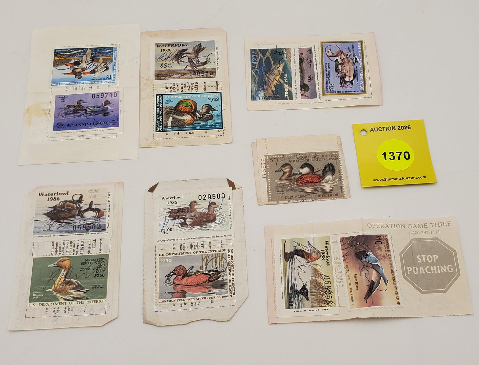 Lot of 7 Migratory Bird Hunting Stamp (1979, 1982,1984, 1985, 1986, 1987, 1988). All used License... (1 of 2)