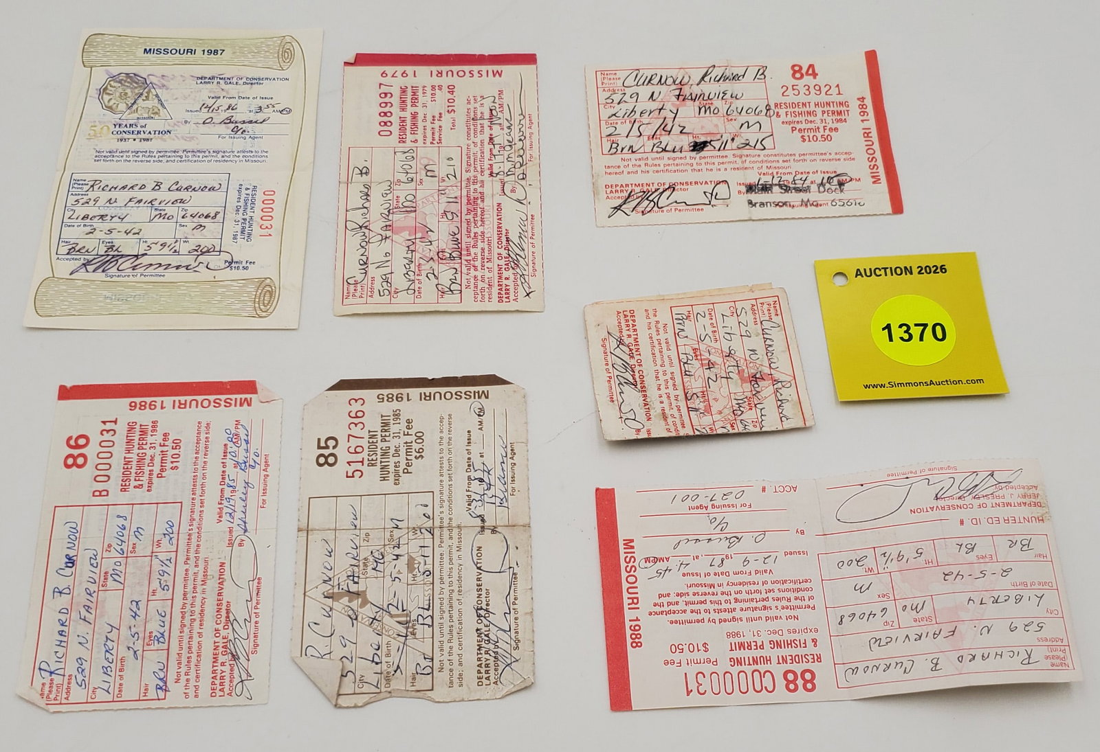 Lot of 7 Migratory Bird Hunting Stamp (1979, 1982,1984, 1985, 1986, 1987, 1988). All used License... - 2