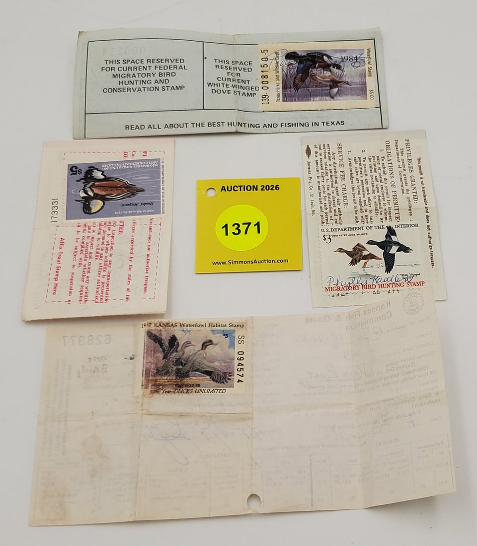 Lot of 4 Migratory Bird Hunting Stamp (1969,1978, 1985, 1987). All used on License (1 of 2)