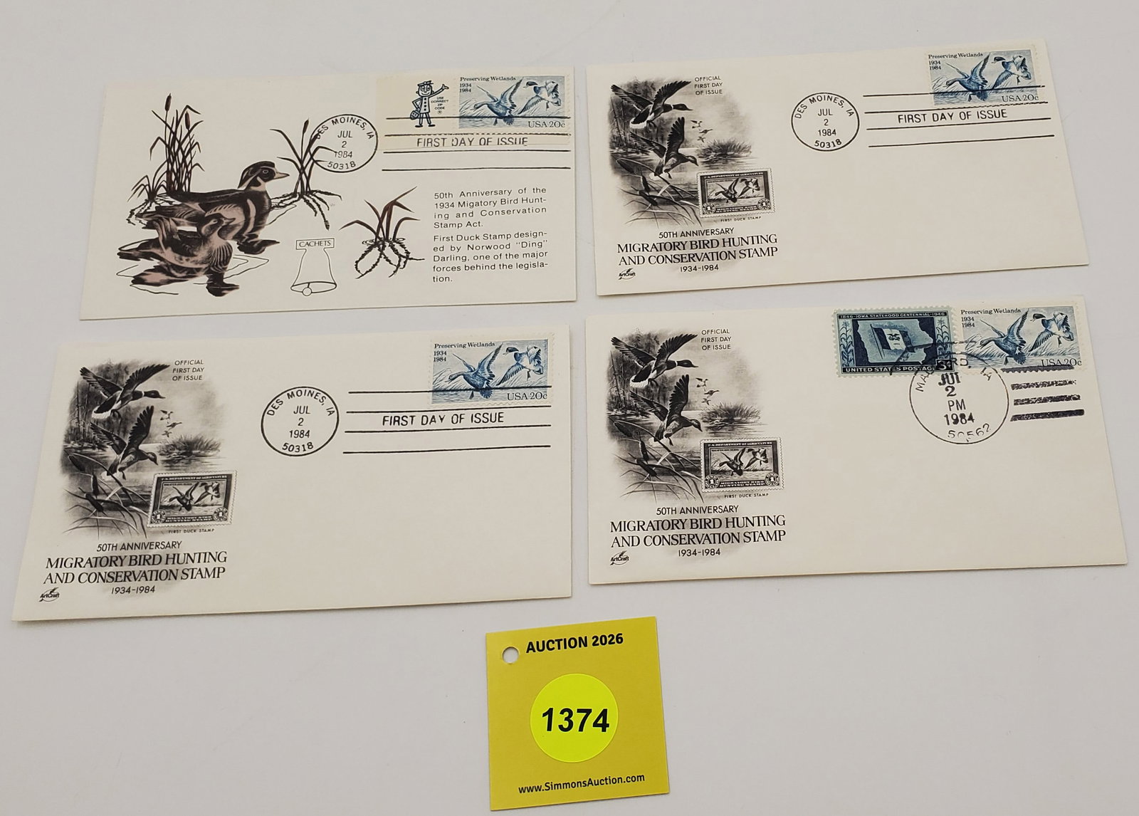 Lot of 4 Migratory Bird Hunting Stamps on Envelopes RW??, First day of issue (1984). 50th Anniver... (1 of 1)