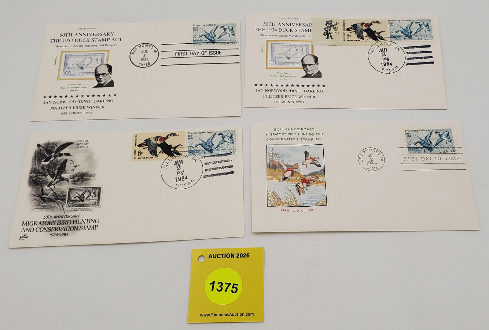 Lot of 4 Migratory Bird Hunting Stamps on Envelopes RW?? (1984). First day of issue, 50th Anniver... (1 of 1)