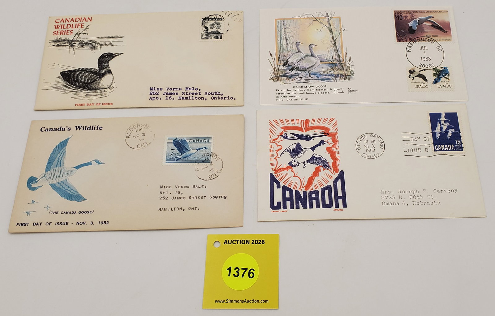 Lot of 4 Canadian Wildlife Stamps on Envelopes. First day of issue. (1 of 1)