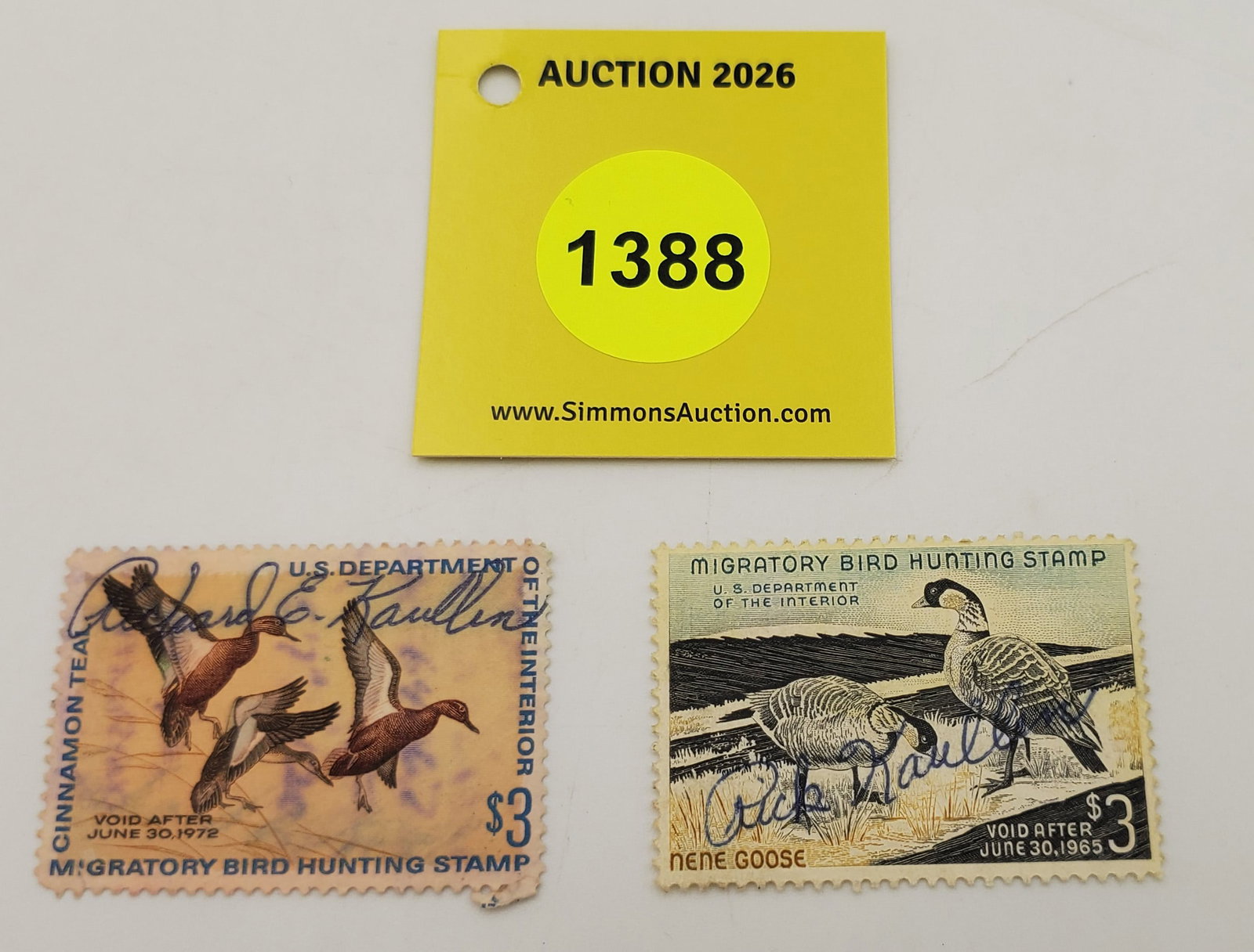 Lot of 2 Migratory Bird Hunting Stamps Both $3 RW?? (1965) (1972). Both used (1 of 2)
